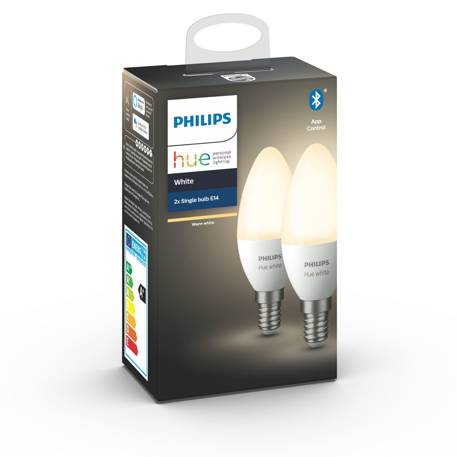 Pudełko żarówek Philips Hue. Pudełko pokazuje dwie żarówki, cechy i informacje o marce.