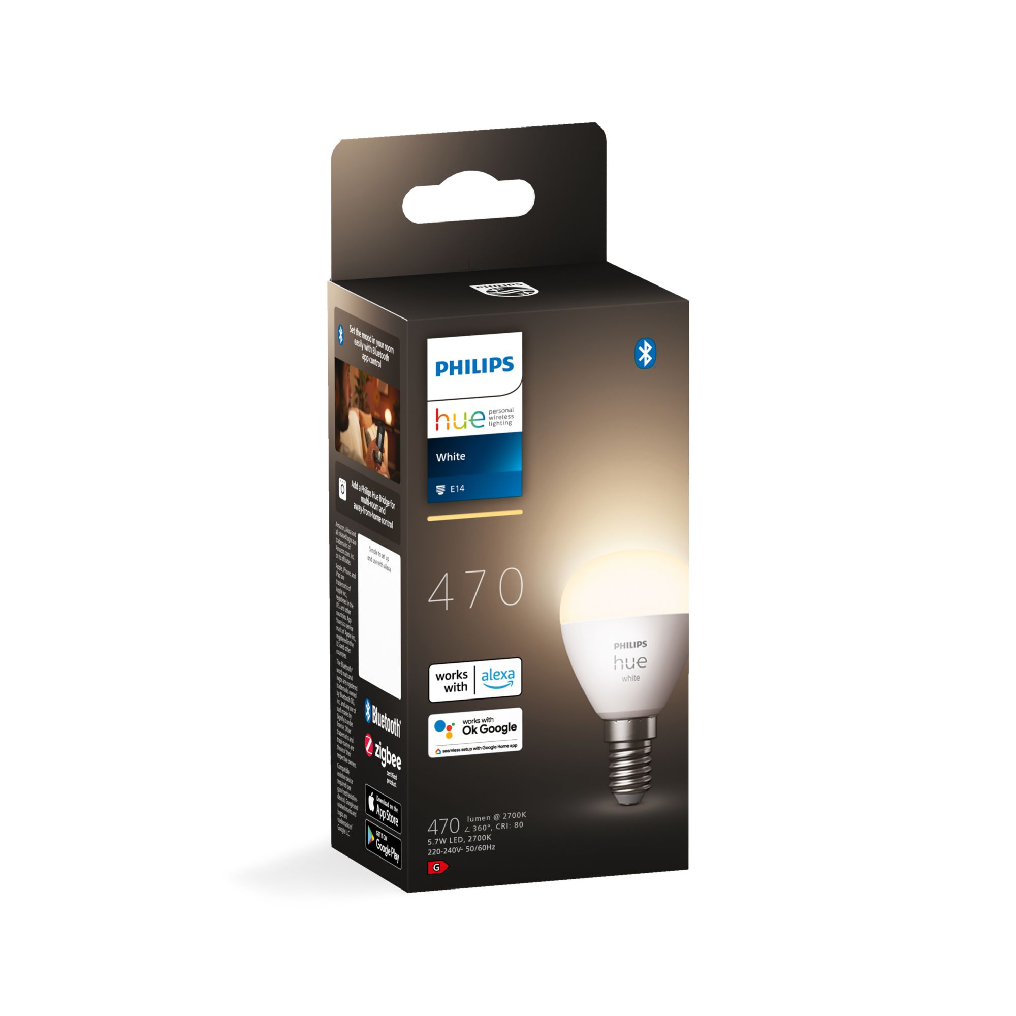 Verpackte Philips Hue Smart-Glühbirne. Die Box ist schwarz-weiß, mit einer Glühbirne im Vordergrund.