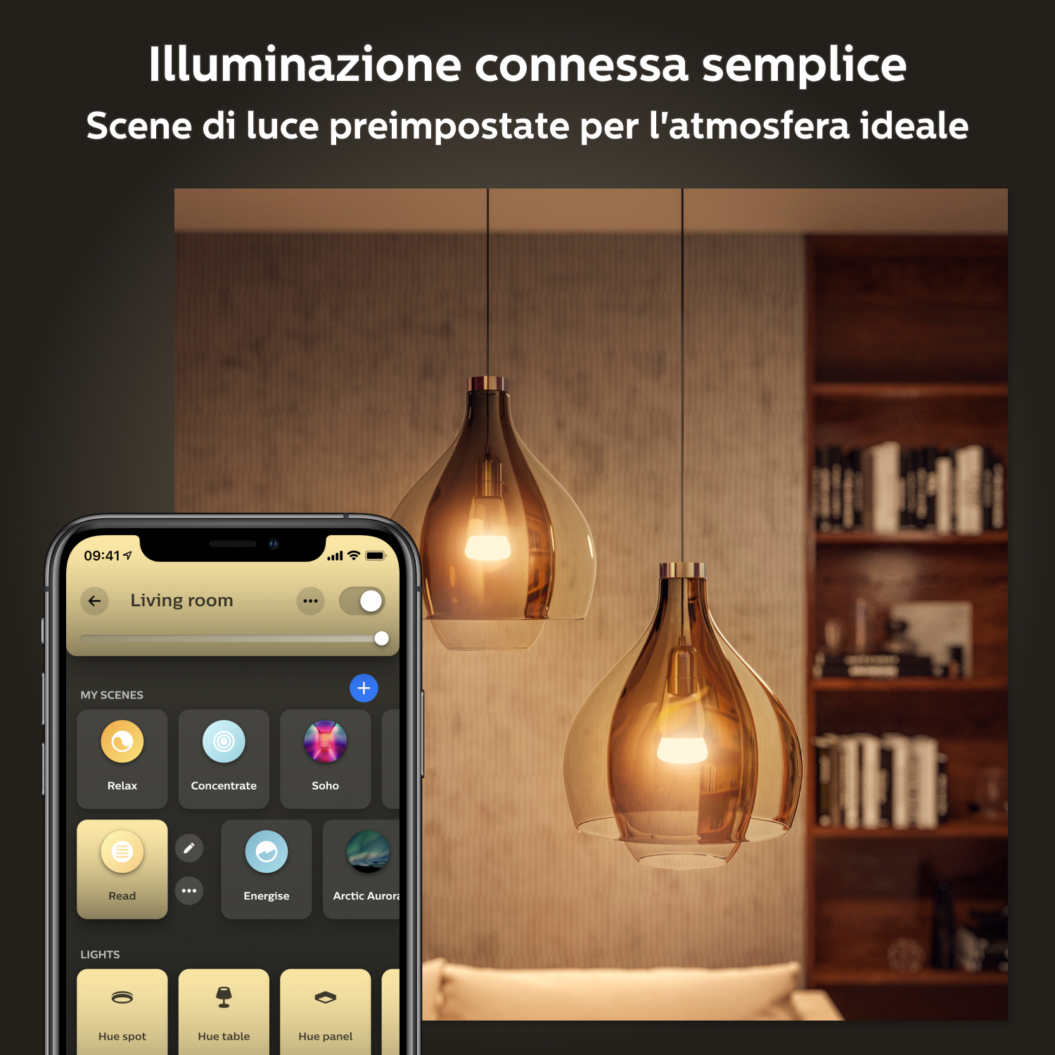Zwei moderne Hängeleuchten mit sichtbaren Glühbirnen und ein Smartphone mit Smart-Home-Oberfläche.
