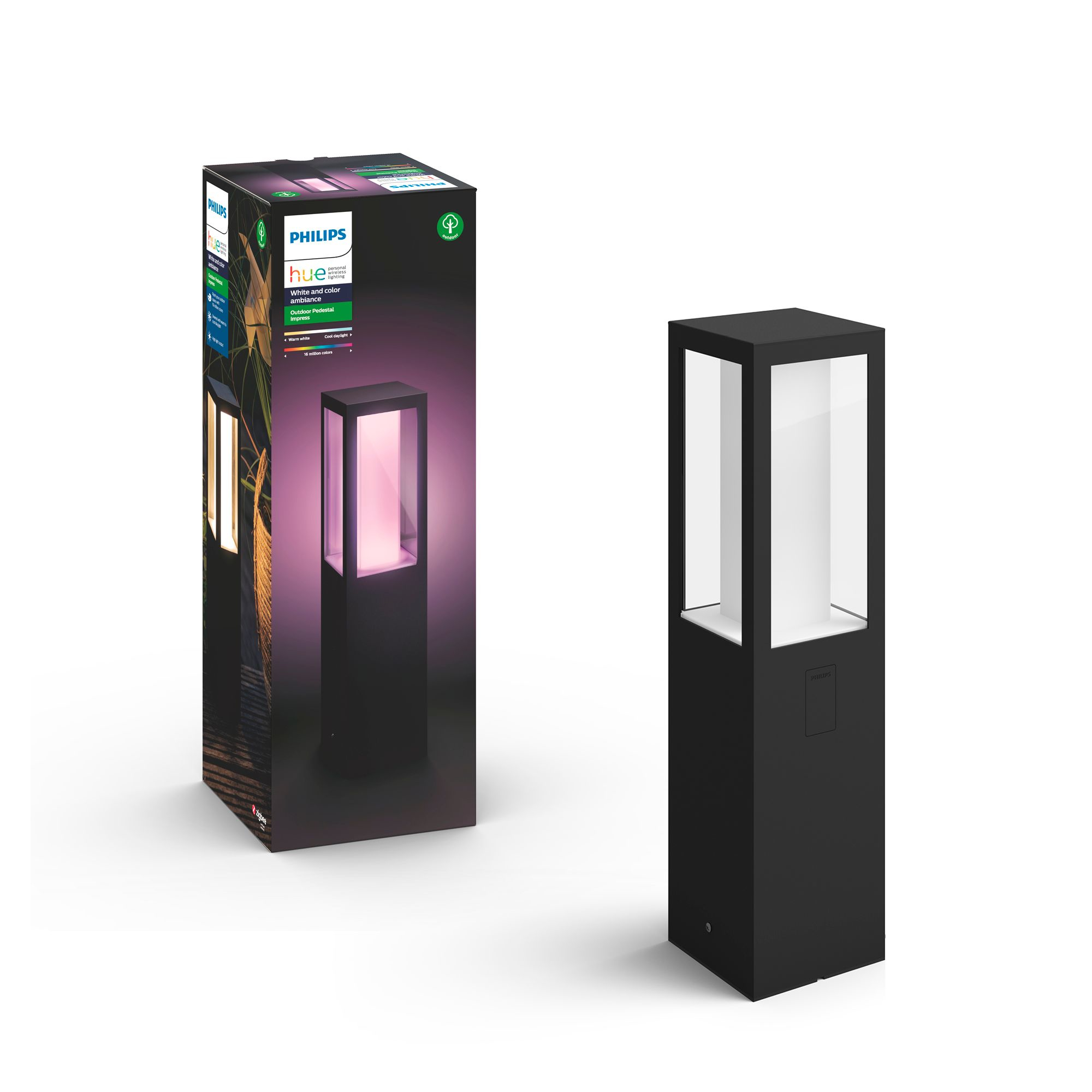Une lumière extérieure noire avec une boîte à gauche. La boîte montre une lumière avec des couleurs rose et blanc.
