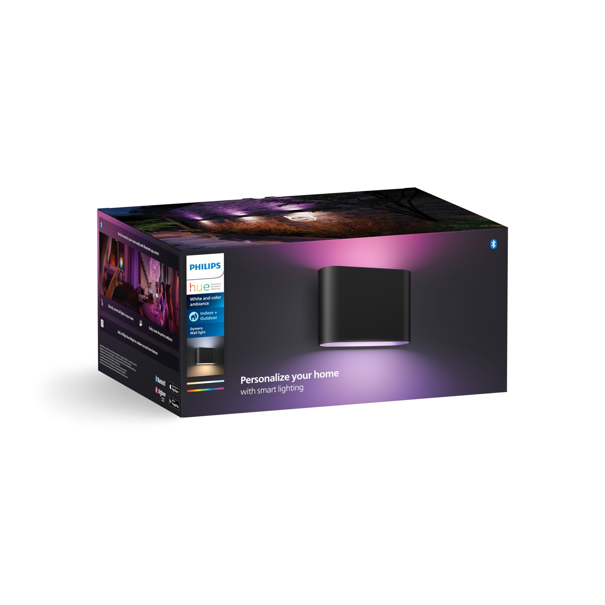 Box für Philips Hue Smart Lighting. Zeigt eine schwarze Wandleuchte mit Lichtstrahl.