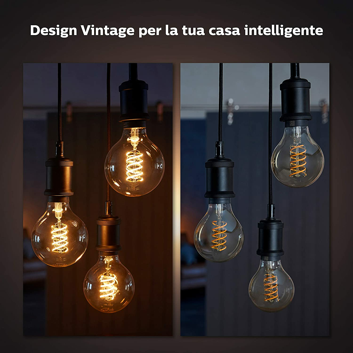 Cztery żarówki w stylu vintage z widocznymi spiralnymi włóknami, w ciemnym i jasnym otoczeniu.