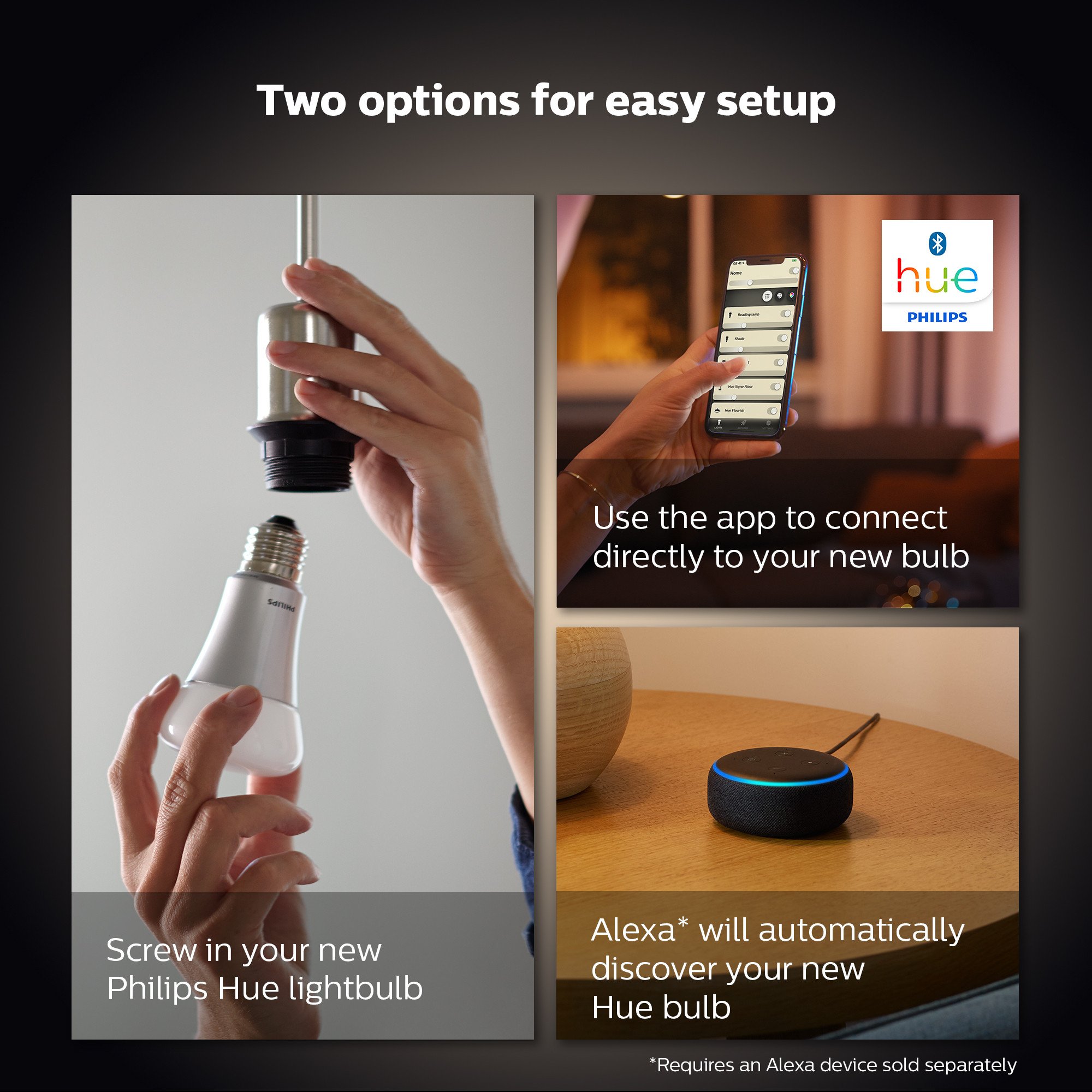 Deux options pour une configuration facile : visser l'ampoule et utiliser une application ou utiliser Alexa.