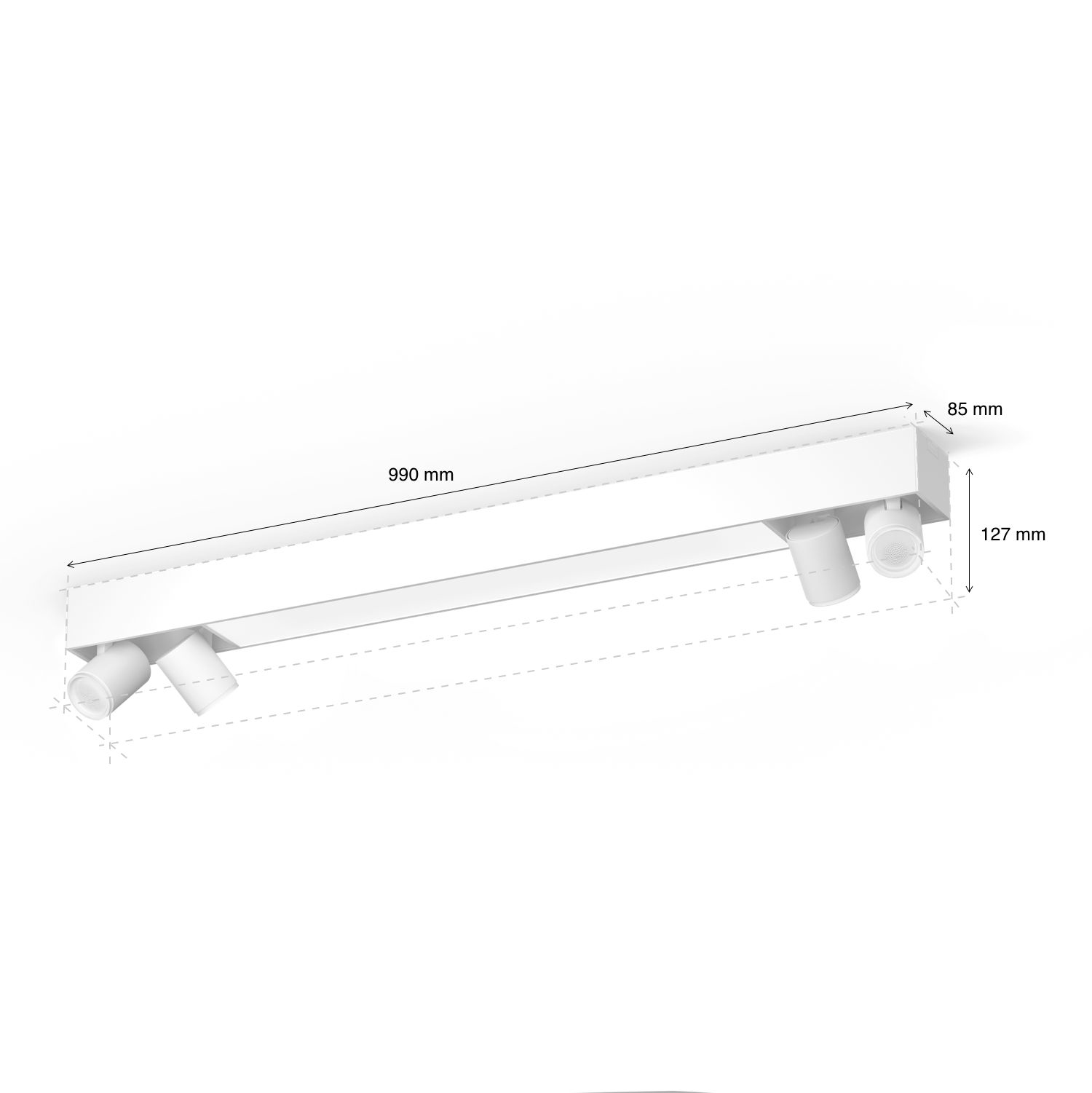 Apparecchio di illuminazione bianco, rettangolare, montato a parete con tre faretti. Misure indicate.