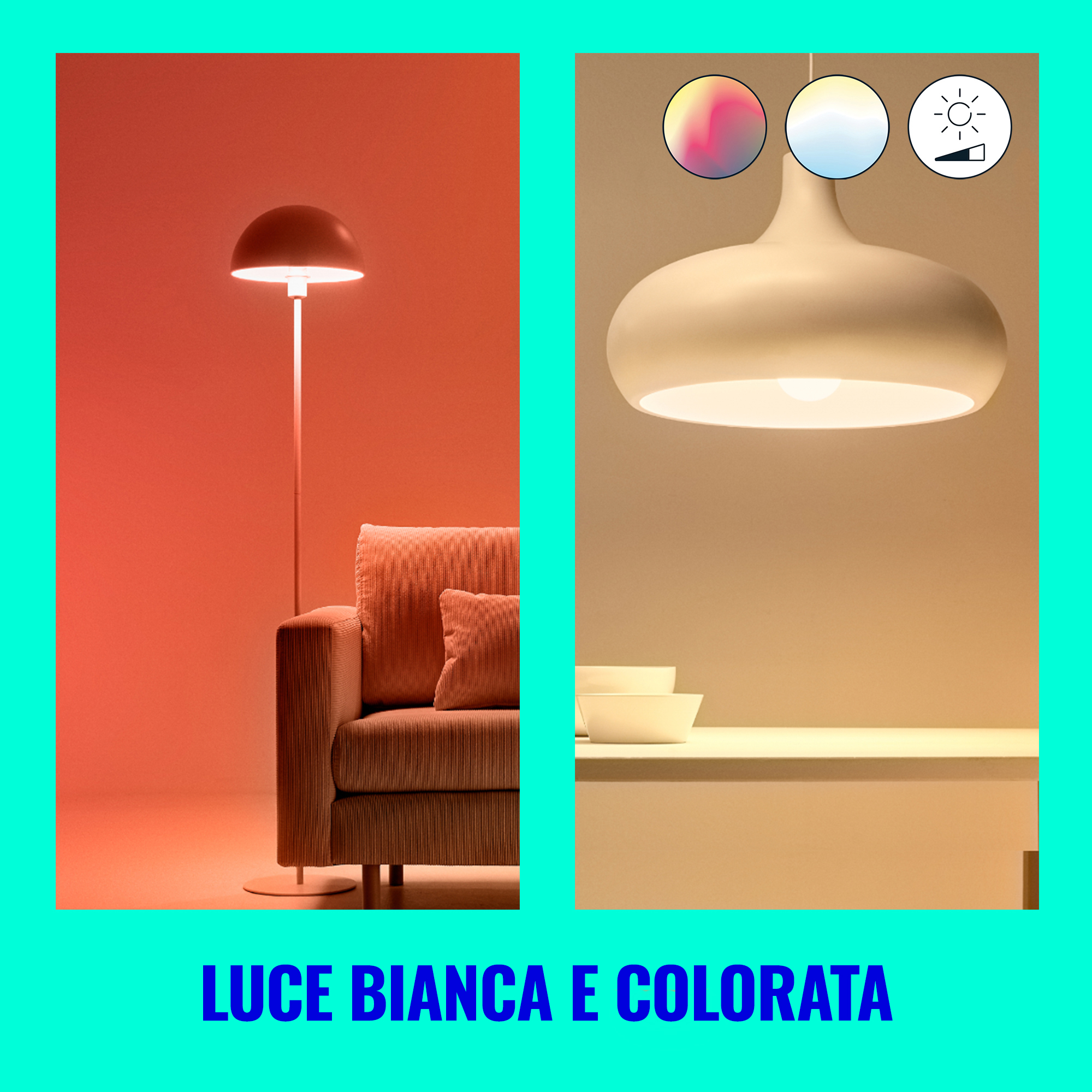 Dwie lampy, jedna stojąca i jedna wisząca, z różnymi kolorami światła, obok sofy.