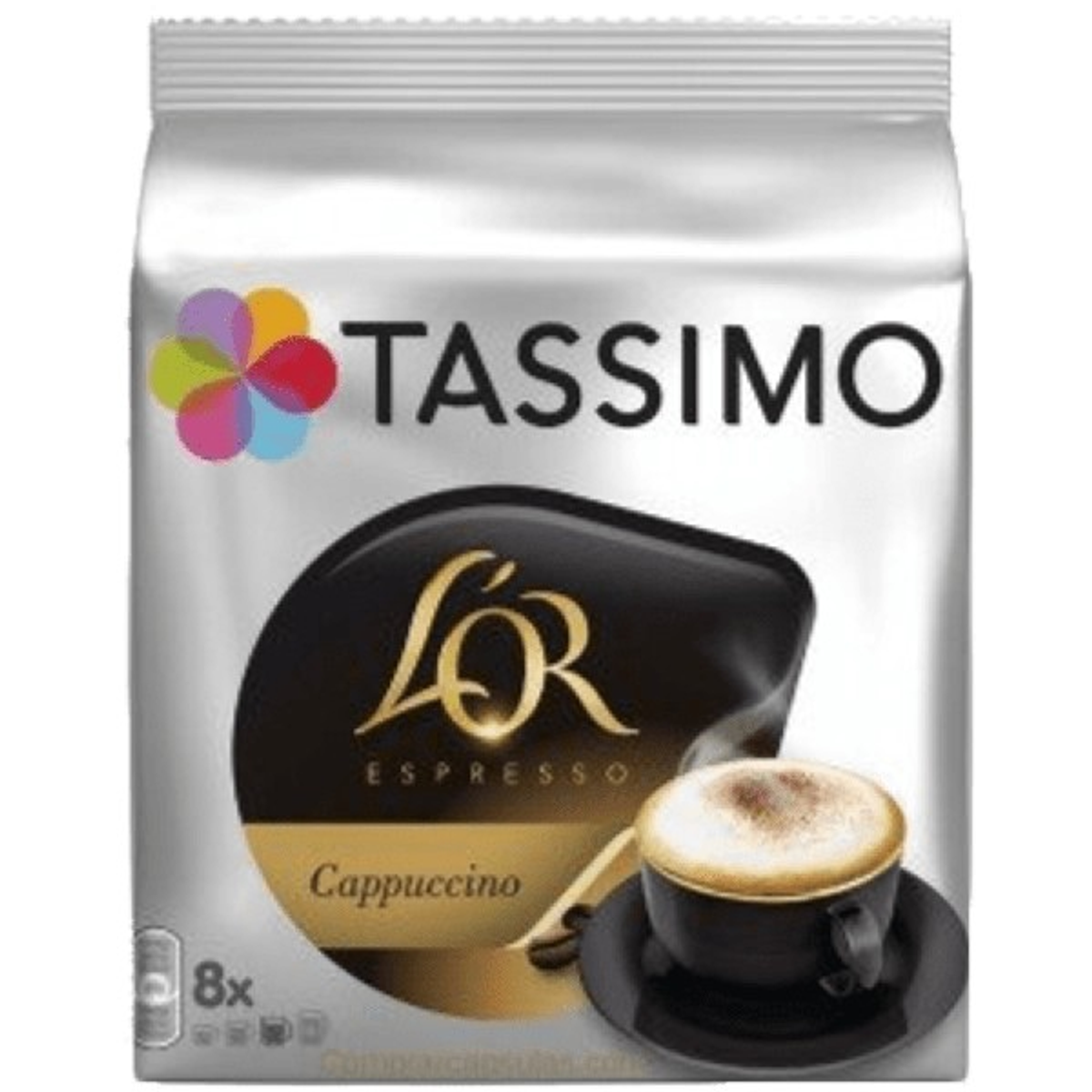 Confezione argentata Tassimo di cialde di caffè L'OR Espresso Cappuccino con un'immagine di caffè.