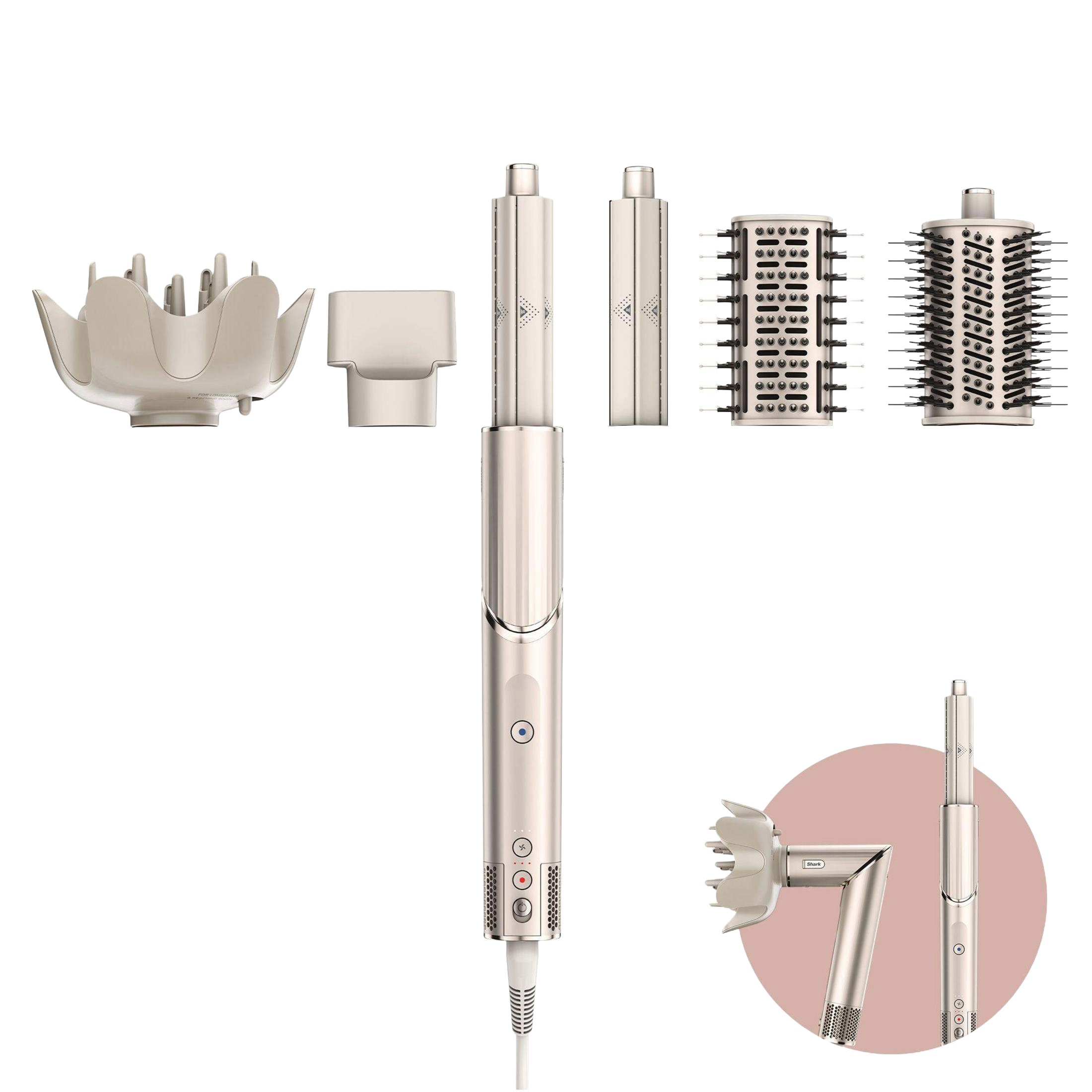 Narzędzie do stylizacji włosów z wieloma nasadkami. Narzędzia obejmują szczotki, lokówki i uchwyt.