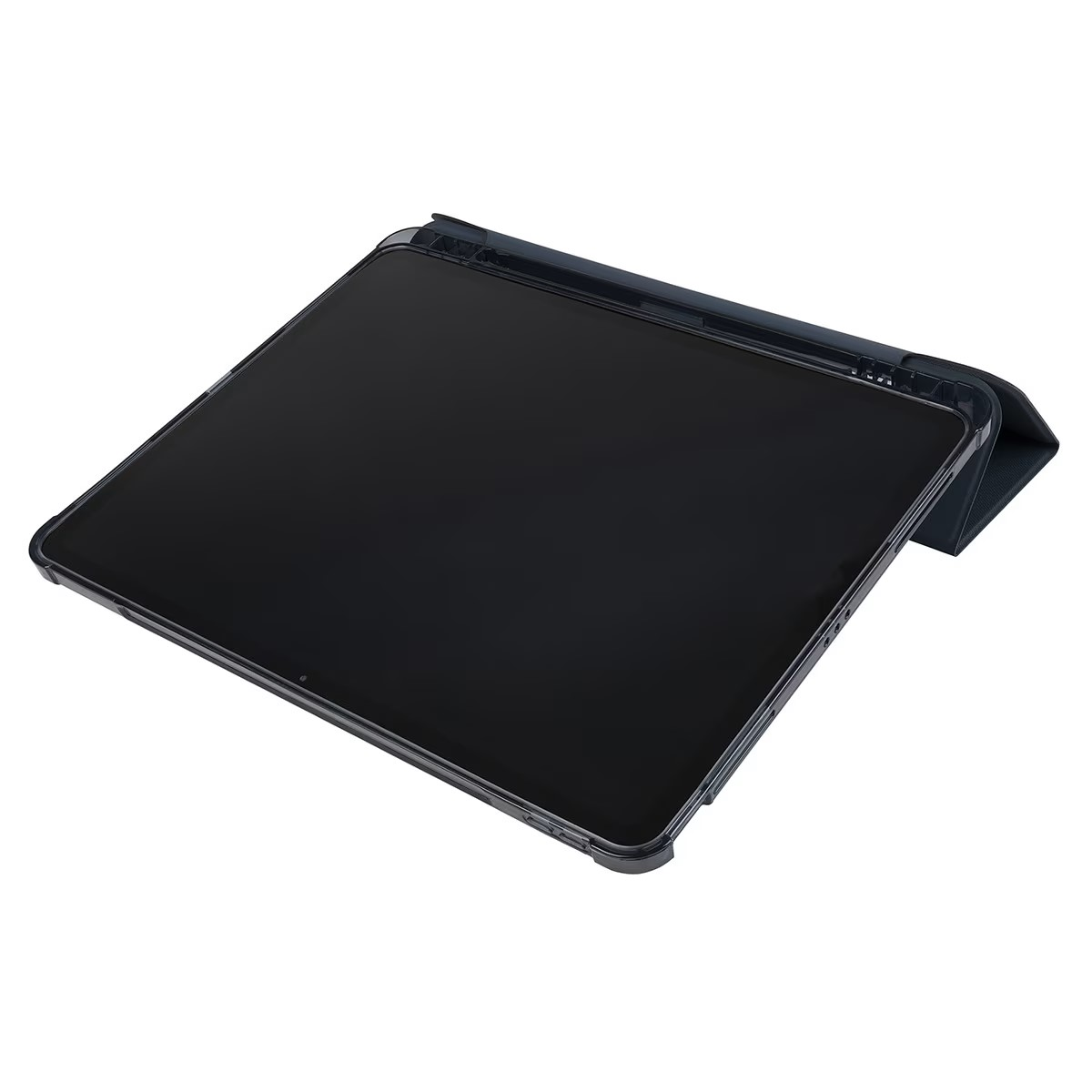 Una tableta de color oscuro dentro de una funda protectora, vista desde un ángulo.