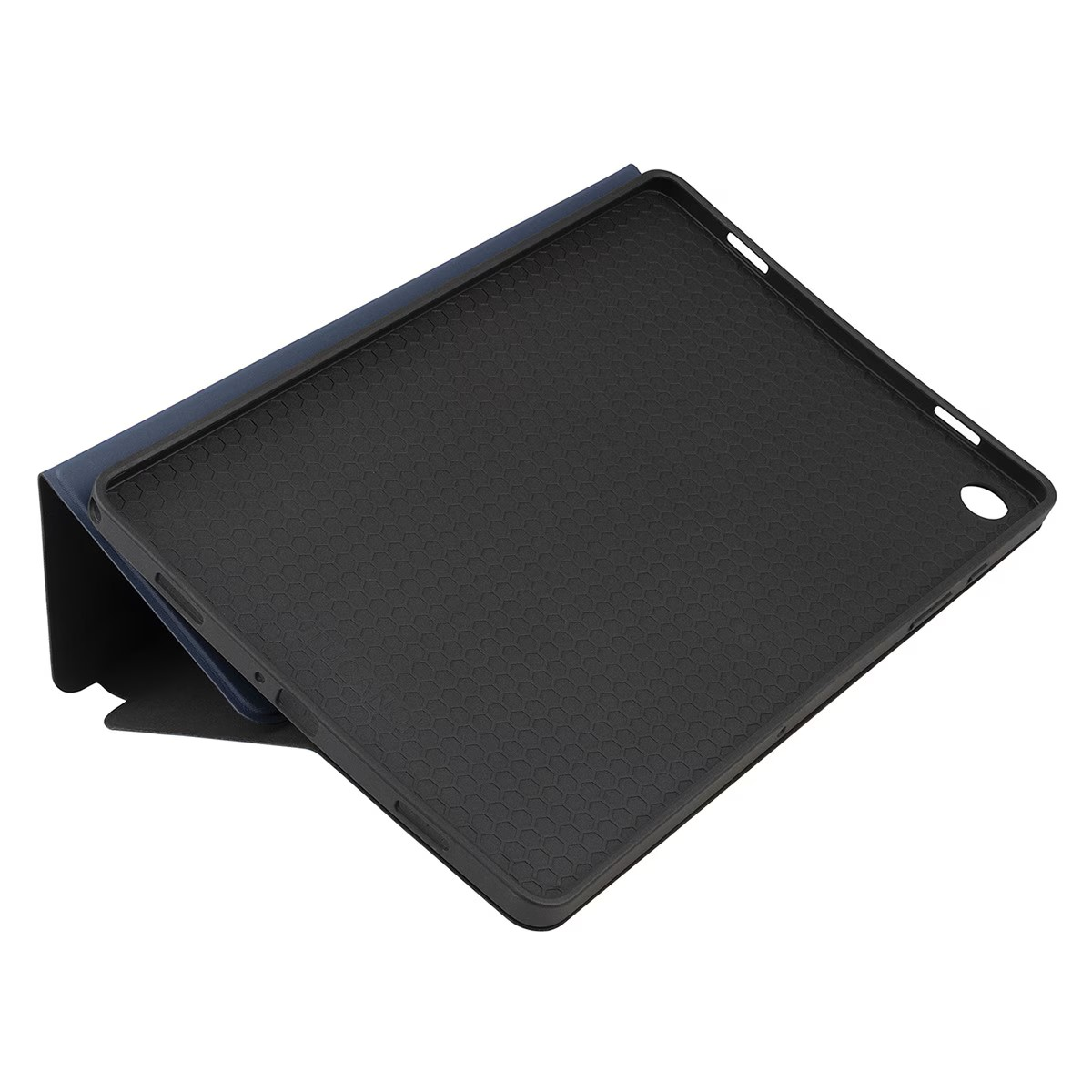 Custodia per tablet, aperta, in blu e nero. Il tablet non è inserito.