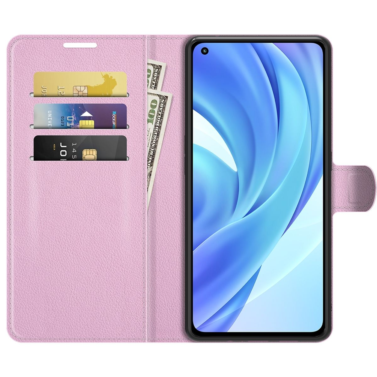 Rosafarbenes Handycase mit Karten und Rechnungen offen, zeigt ein Handy. Hellrosa Hülle.
