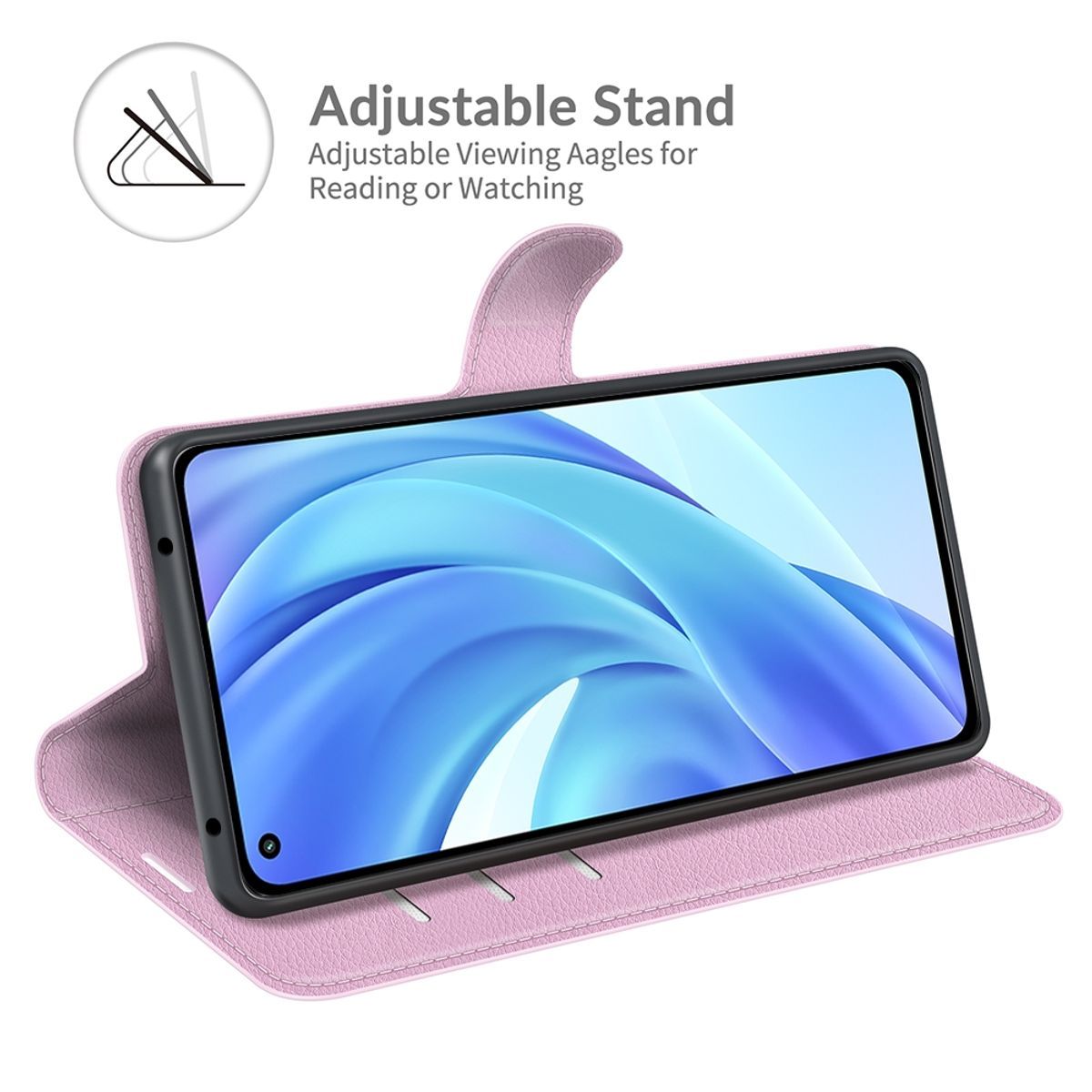 Rosa Handyhülle mit Handy, mit verstellbarem Ständer aufgestellt.