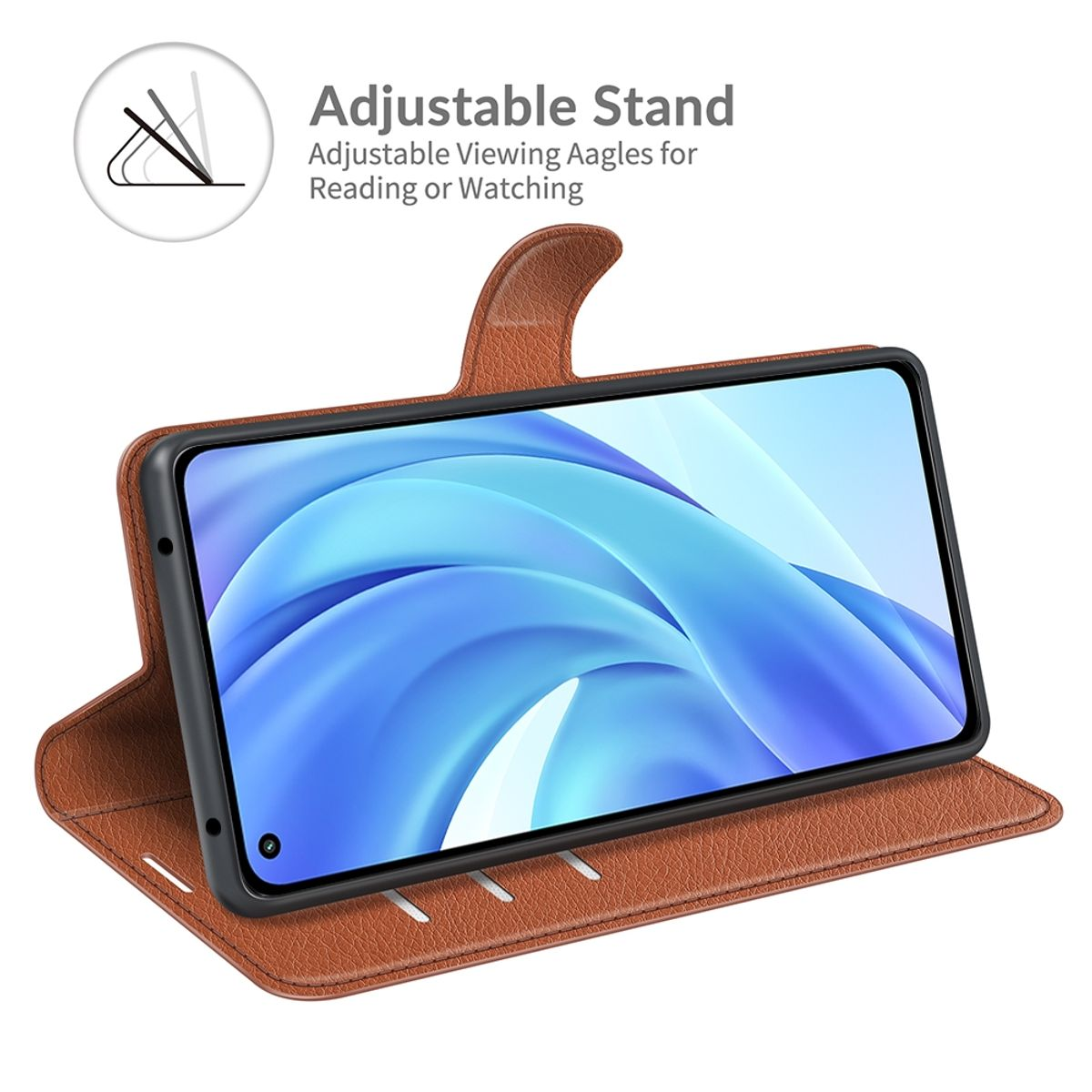Braune Handyhülle mit Smartphone, das einen blauen, abstrakten Hintergrund zeigt.