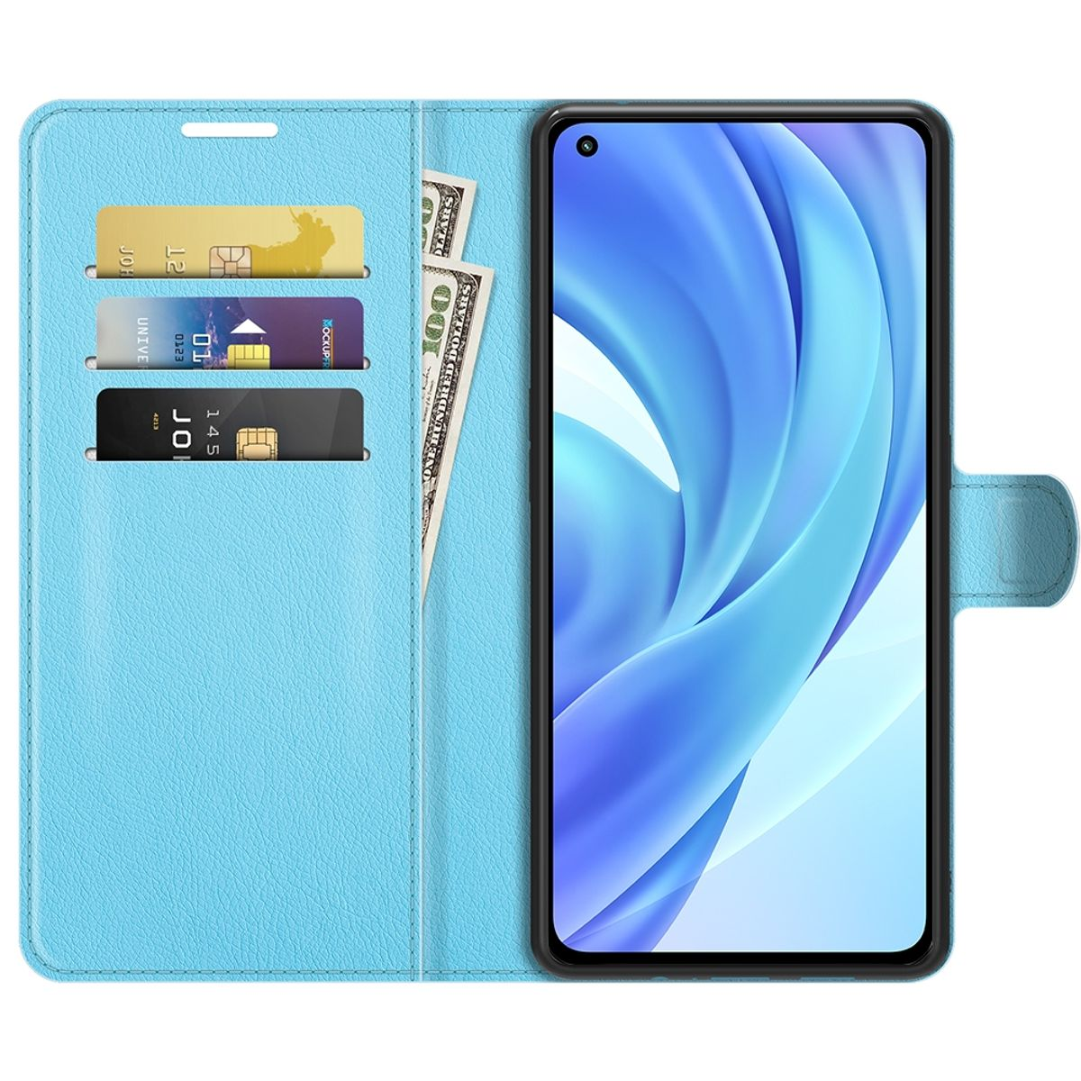 Blaue Handyhülle offen mit Handy, Karten und Bargeld sichtbar.