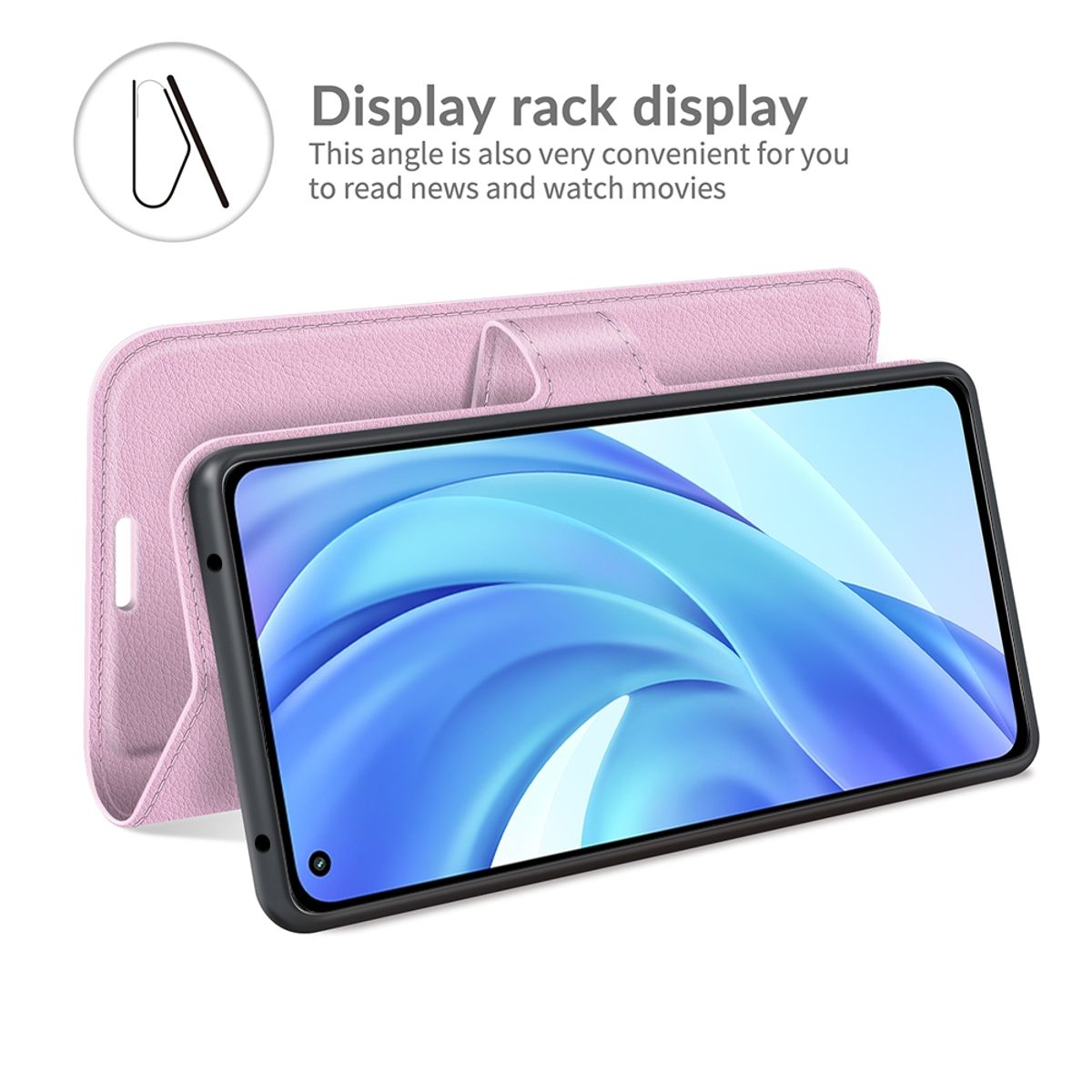 Eine rosa Handyhülle mit einem Telefon darin. Die Hülle ist offen und zeigt den Bildschirm.