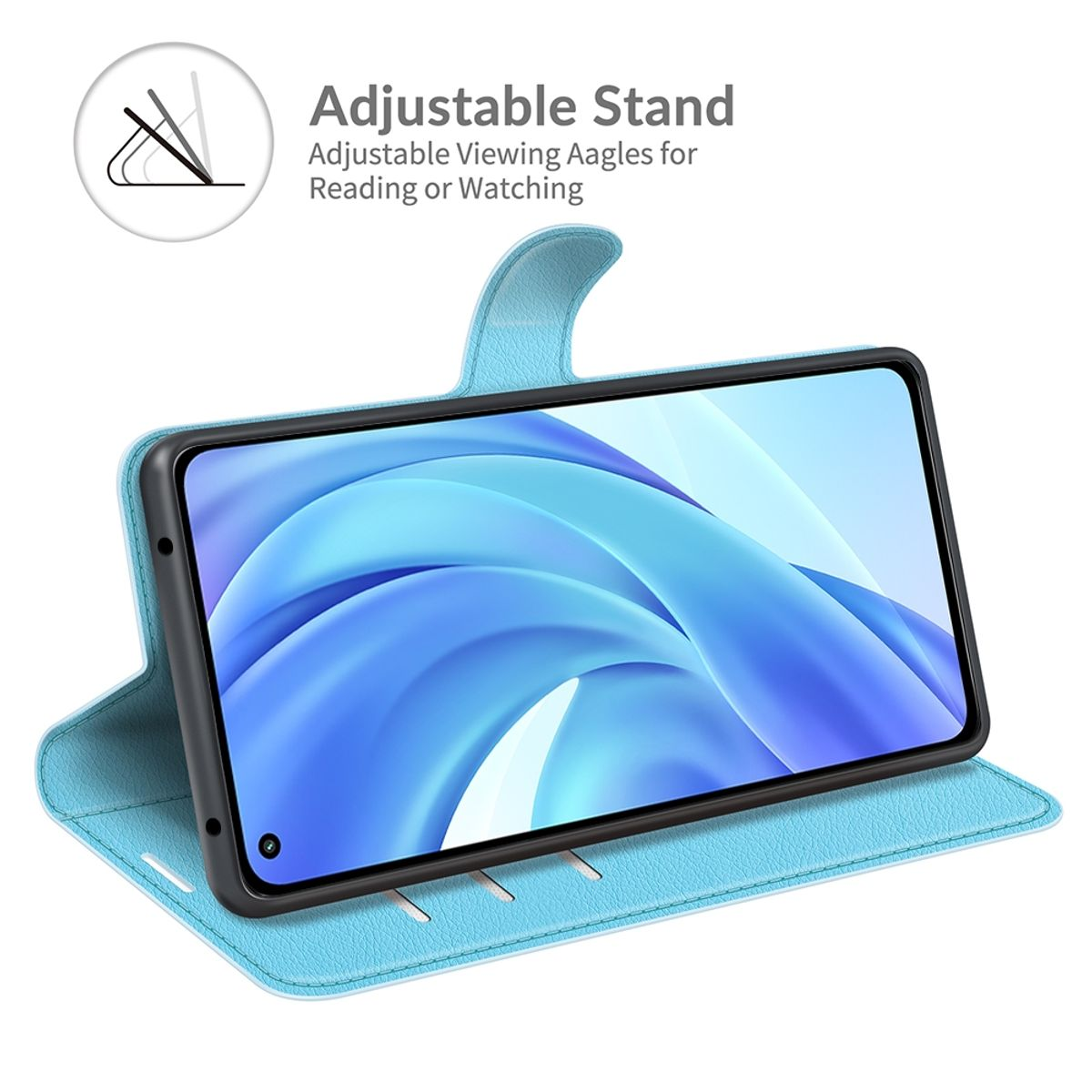 Blaues Handycase mit Tablet, zeigt verstellbare Ständerfunktion, auf weißem Hintergrund.