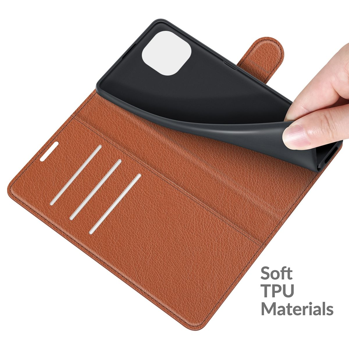 Geöffnete braune Leder-Handyhülle mit schwarzem Telefon. Text: Weiche TPU-Materialien.