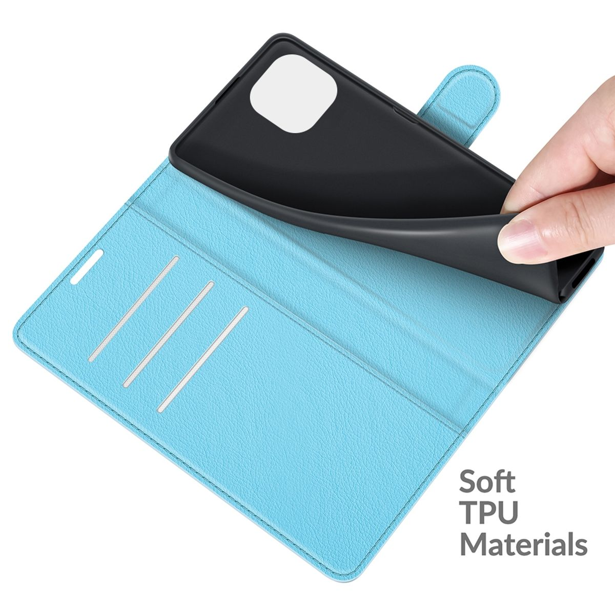 Die Hand einer Person, die ein Telefon aus einer blauen, offenen Handyhülle mit weichen TPU-Materialien entfernt.