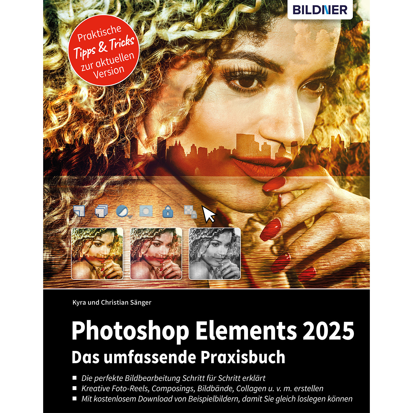 Buchcover mit Frauengesicht über Skyline. Photoshop Elements 2025.