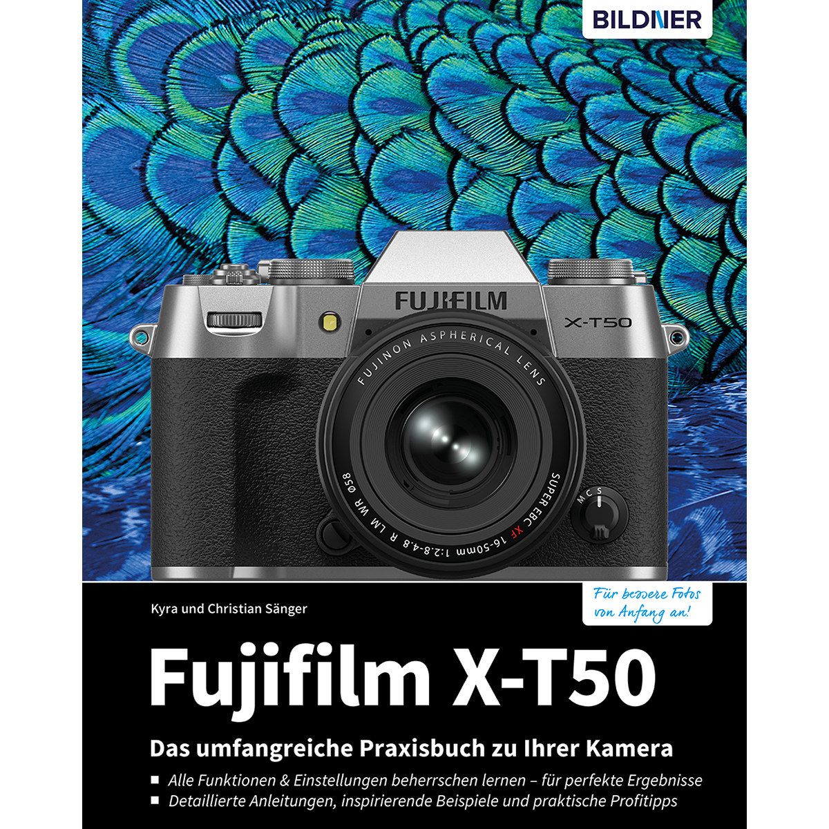 Fujifilm X-T5 Kamera auf Buchcover. Buchtitel und Autoreninformationen unter dem Kamera-Bild.