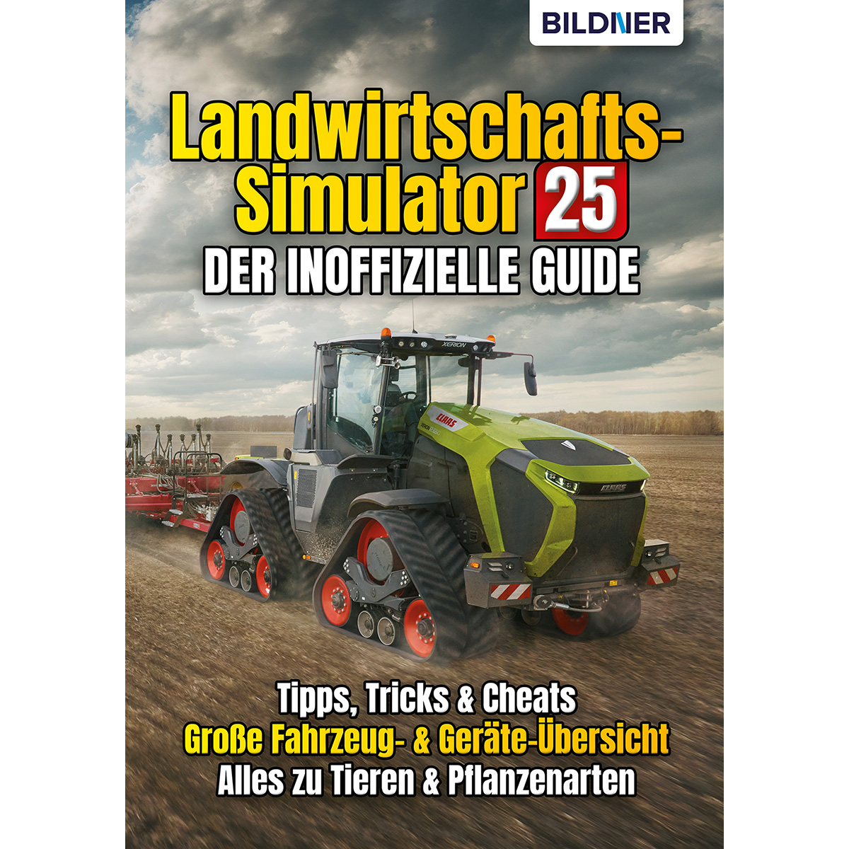 Ein Buchcover mit einem Traktor auf einem Feld und Text in Gelb und Weiß.