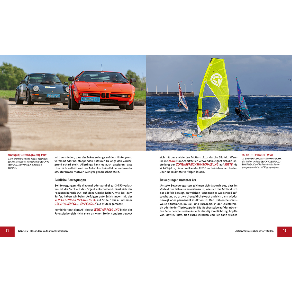 Zwei Autos auf einer Straße, einige Leute beim Windsurfen auf dem Wasser. Text im Hintergrund.
