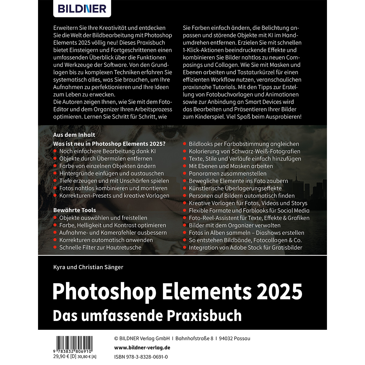 Buchcover mit dem Titel 'Photoshop Elements 2025' mit Text und einem Bild einer Frau.
