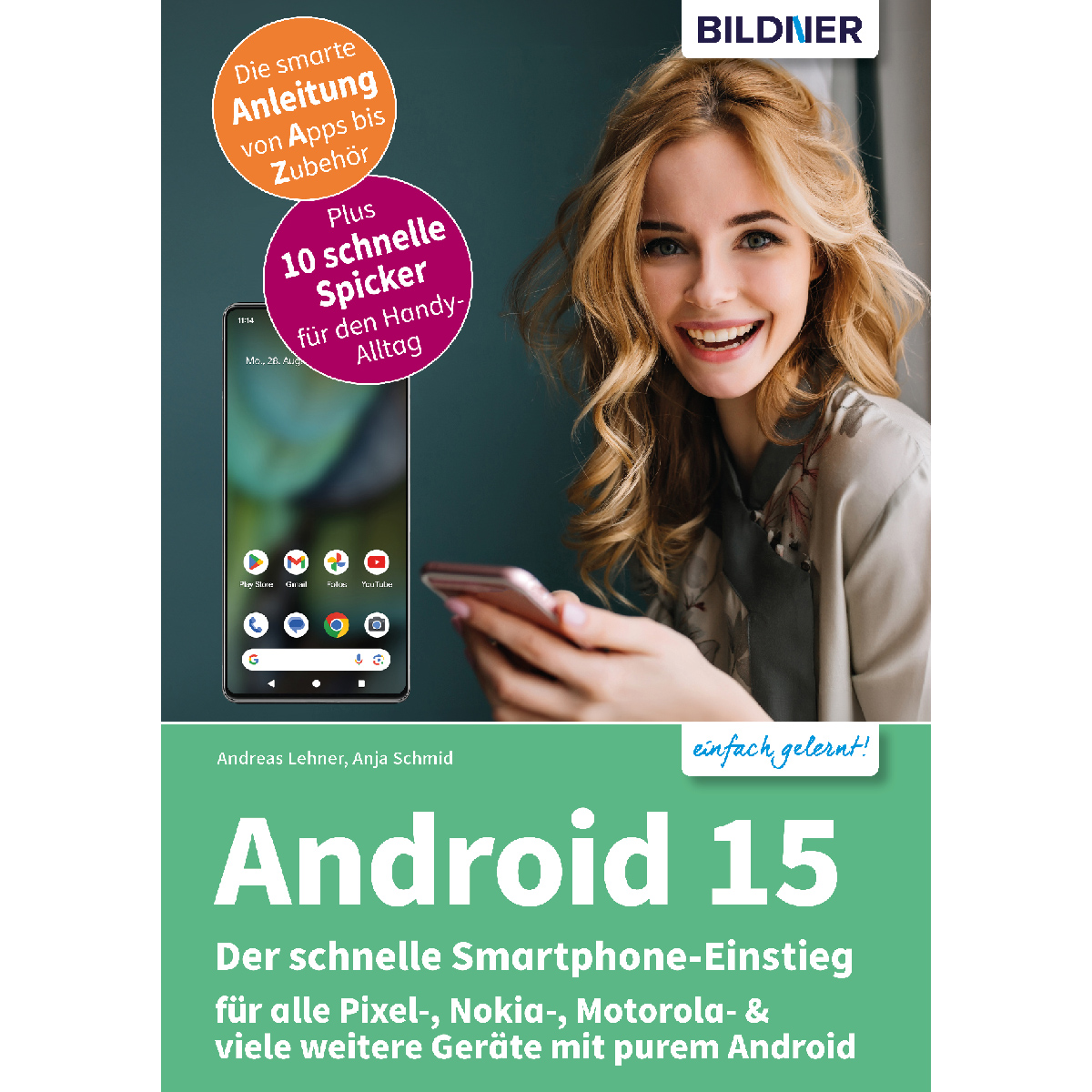Frau hält Telefon, lächelt. Buchcover: Android 15. Hintergrund enthält Text und ein Smartphone.