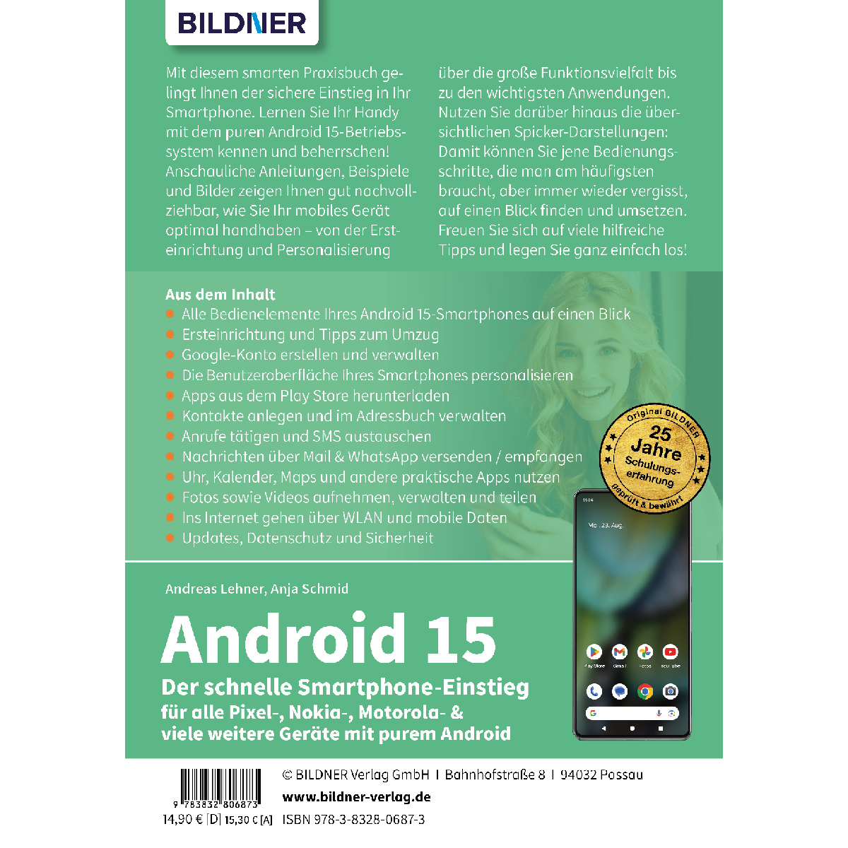 Buchcover mit deutschem Text, Android 15, und einem Smartphone-Display.