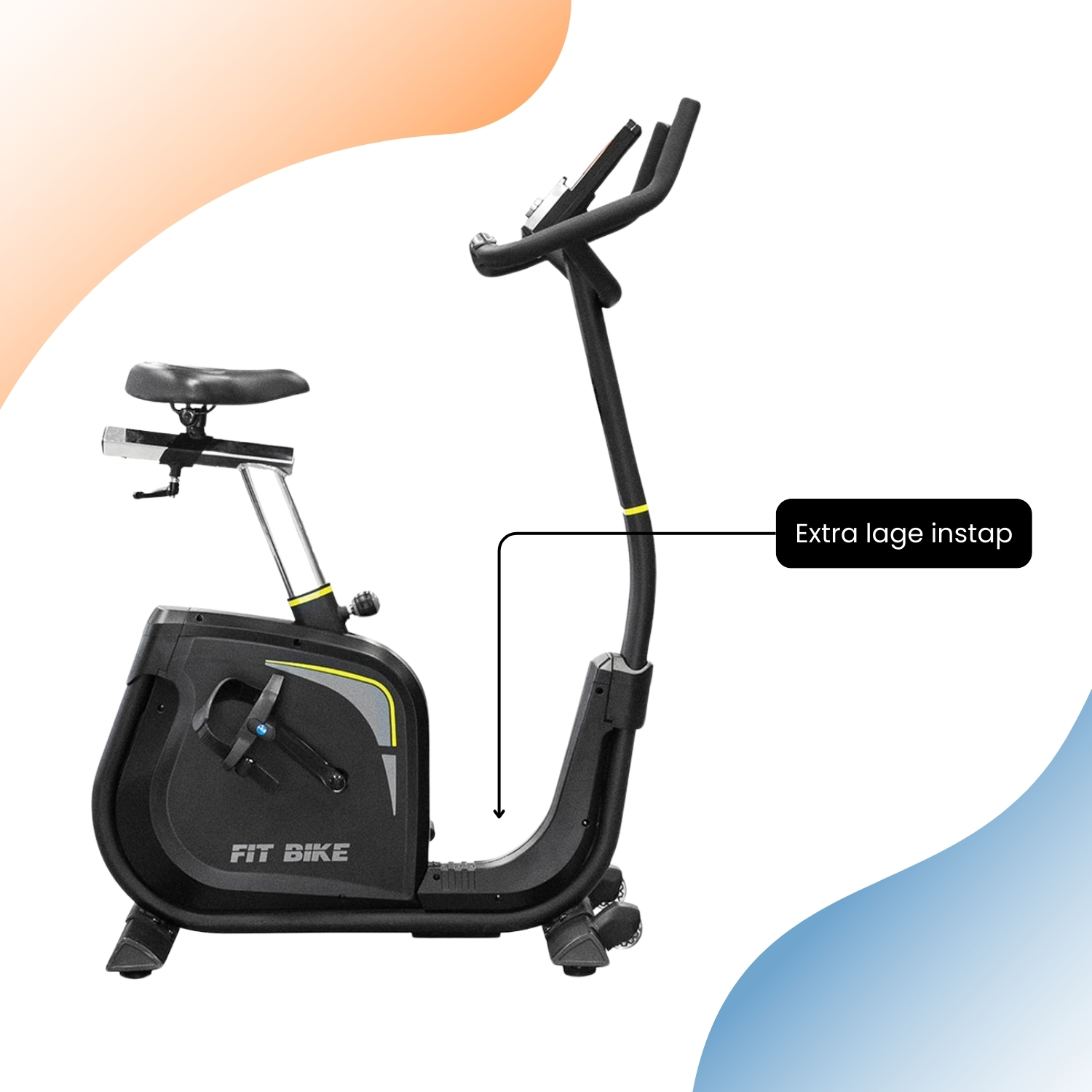 Fit Bike hometrainer, zwart en grijs. Tekst toont de woorden extra lage instap.