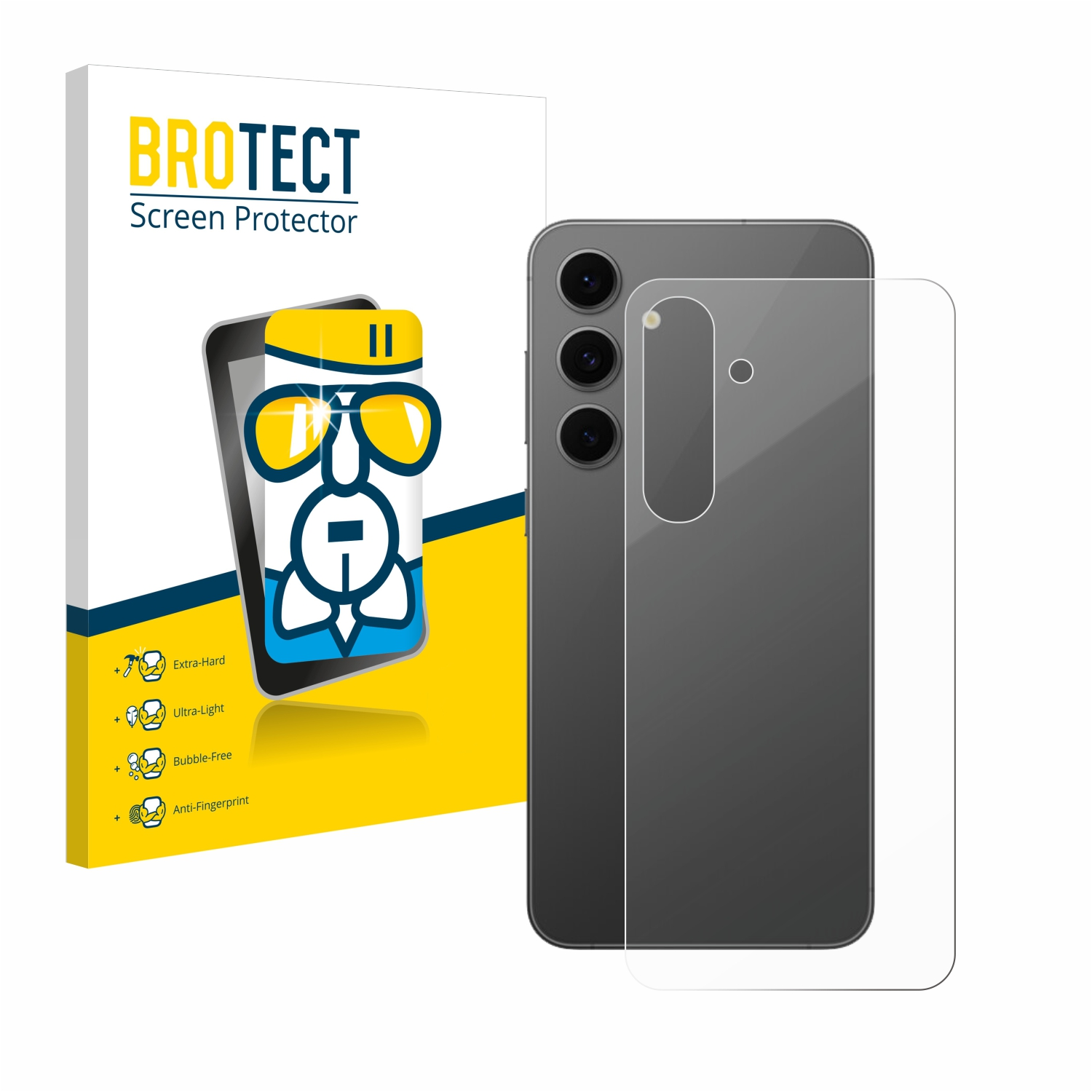 Telefon mit Displayschutzbox, zeigt Telefonrückseite und Schutz.
