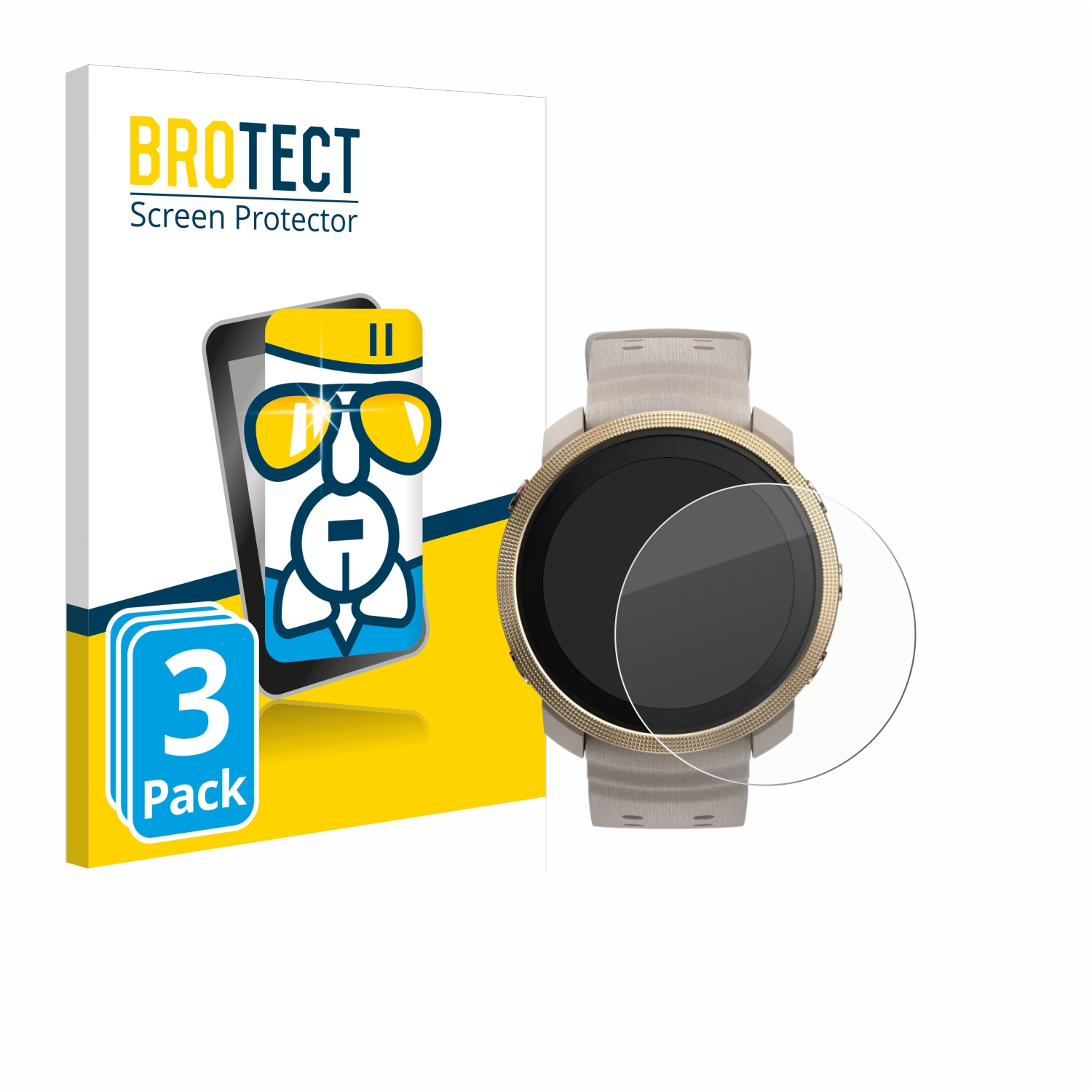 Smartwatch und Displayschutz. Die Uhr hat eine goldene Lünette und ein graues Armband. Verpackung zeigt Cartoon-Telefon.
