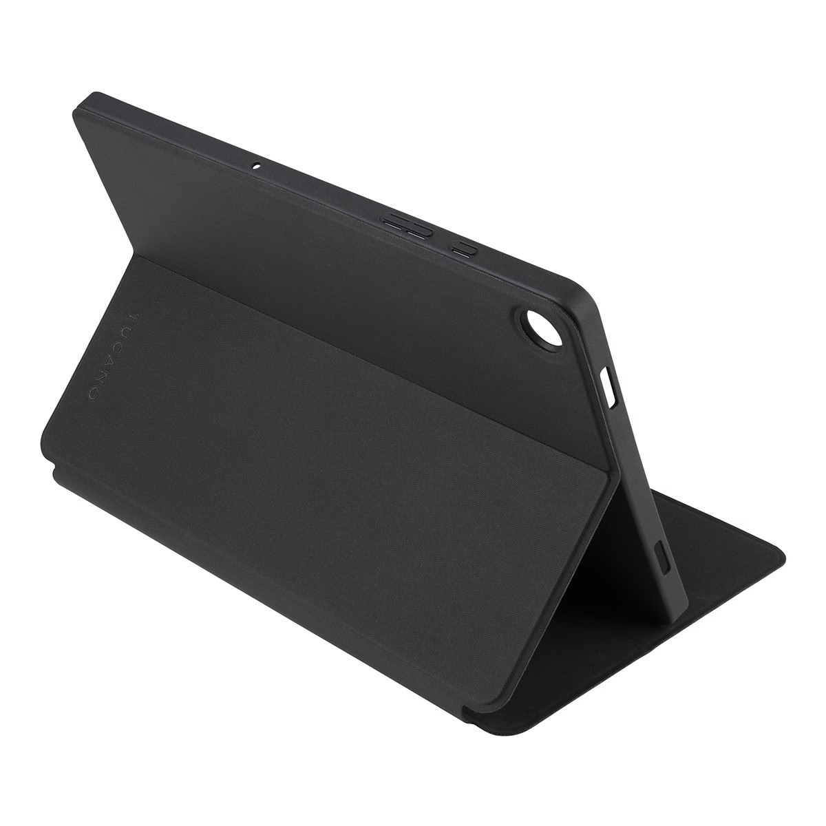 Schwarze Tablet-Hülle mit zu einem Ständer gefaltetem Deckel auf weißem Hintergrund.