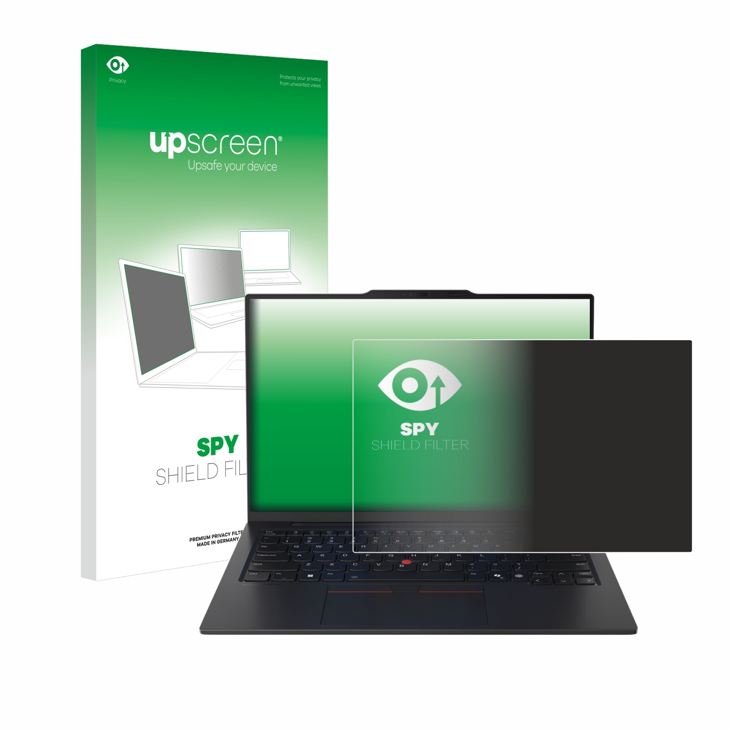 Displayschutzfolie mit Laptop und Box. Weißer Hintergrund.