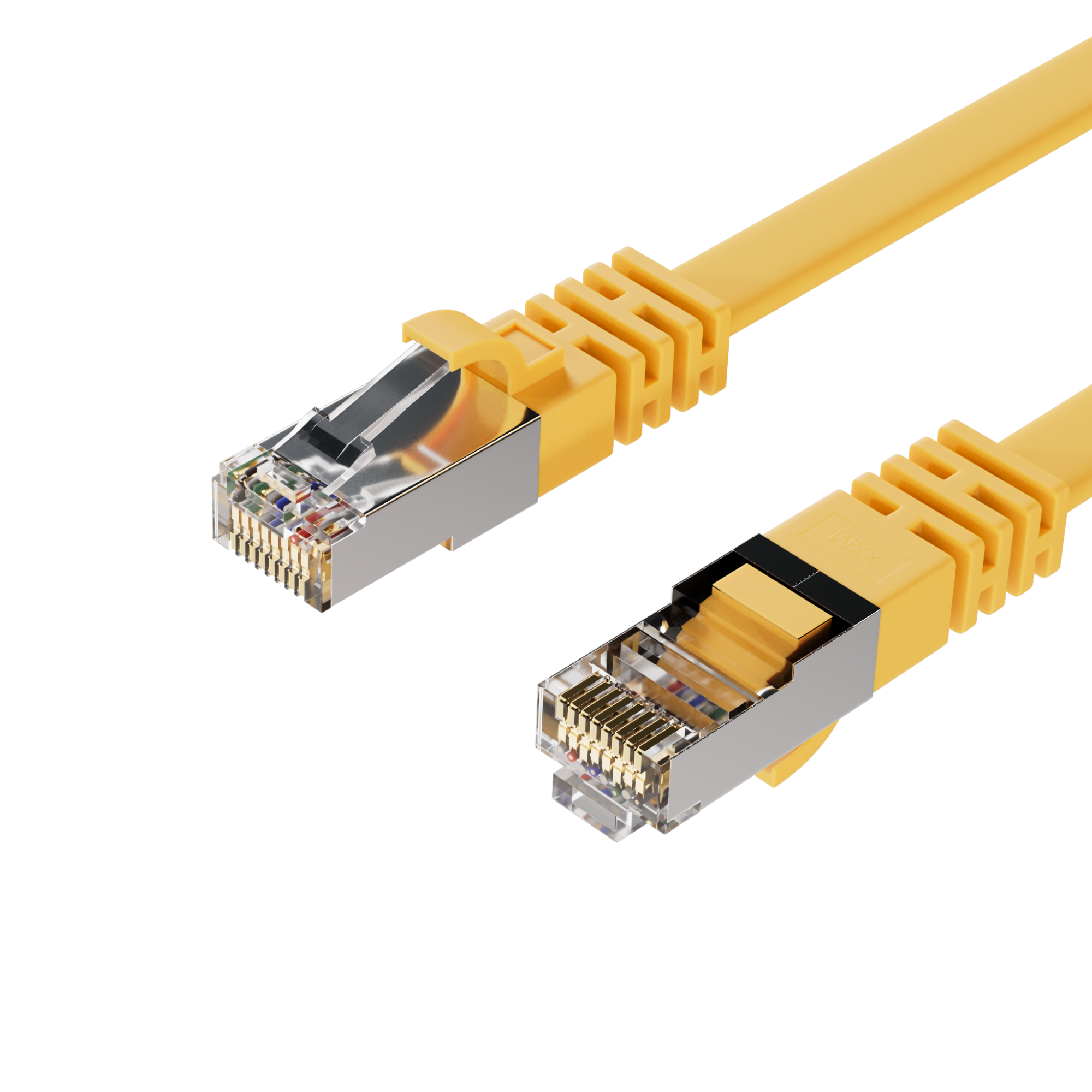 Zwei gelbe Ethernet-Kabel mit Steckern auf weißem Untergrund.