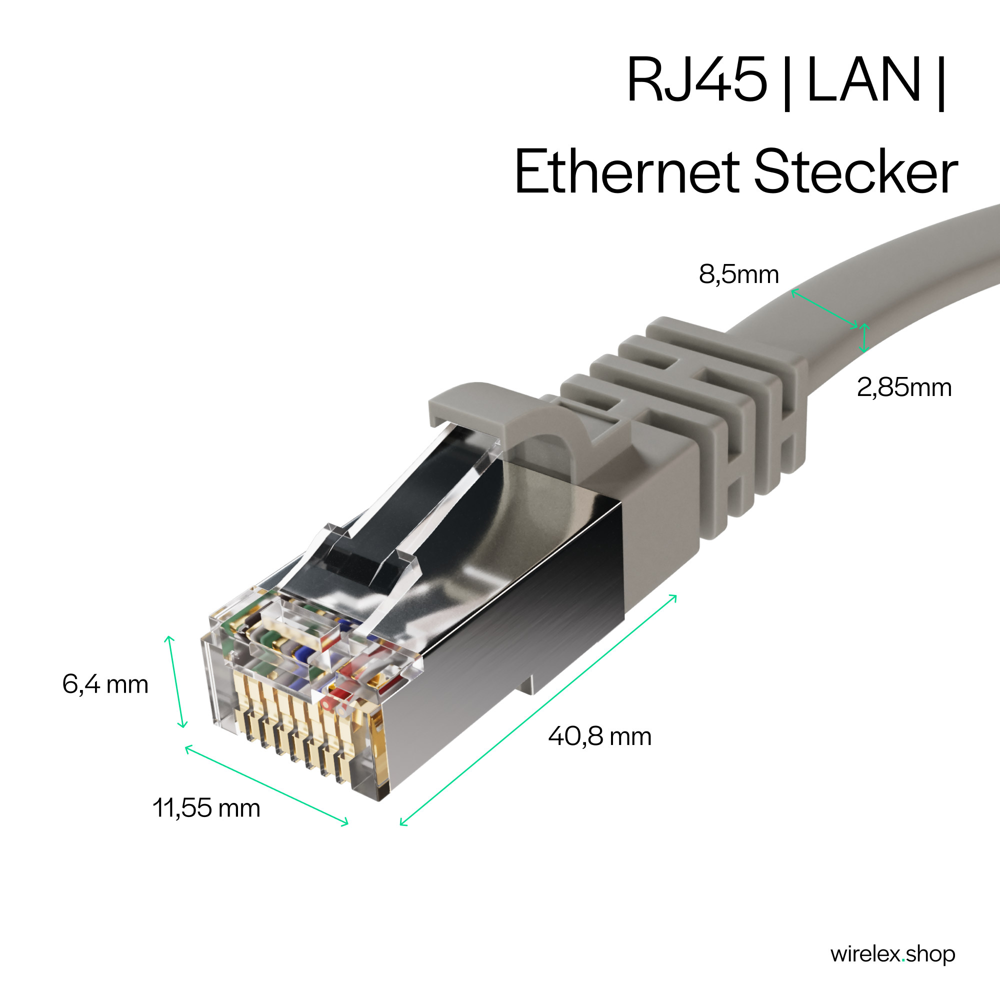 Nahaufnahme des RJ45 LAN Ethernet-Steckers mit Abmessungen.