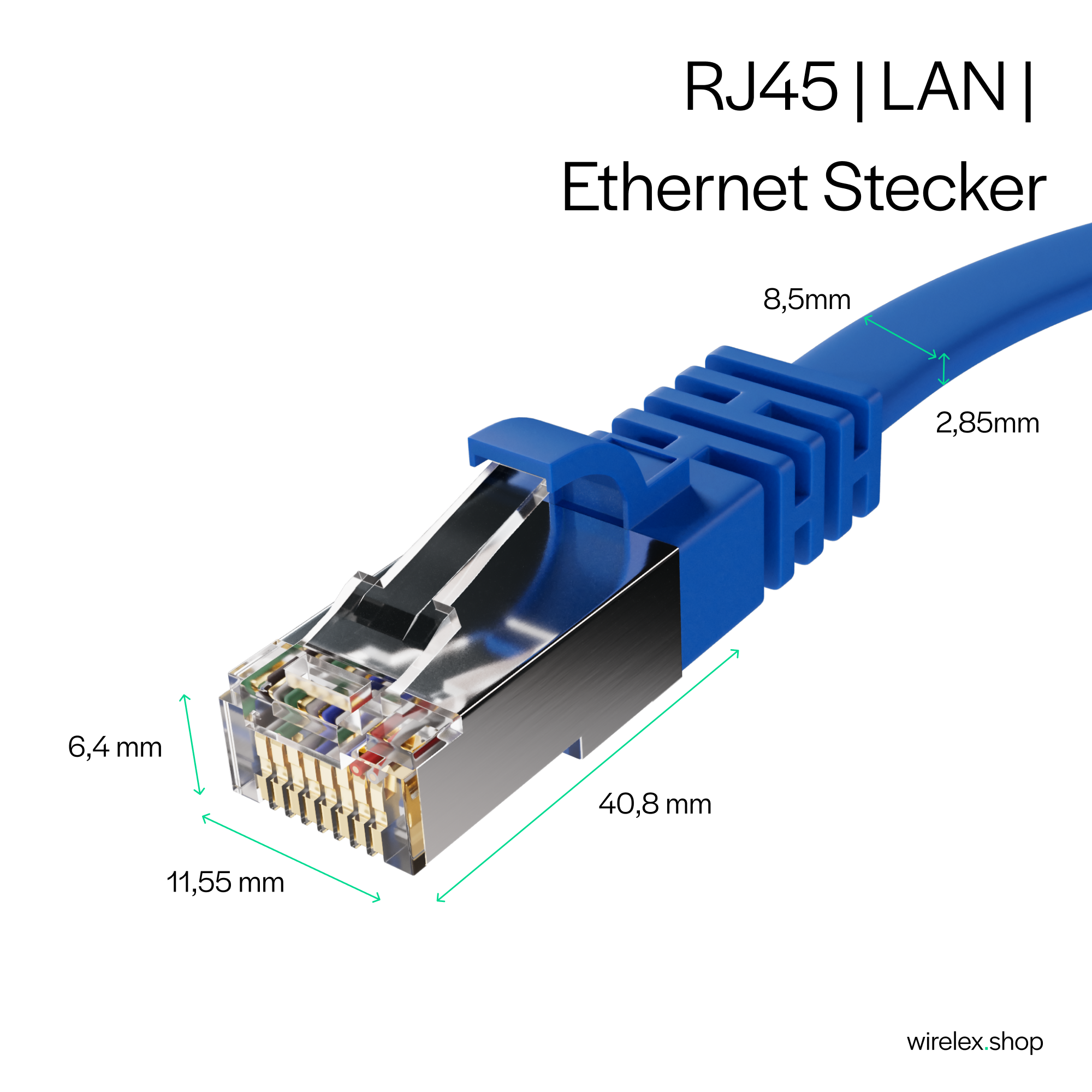 Ein blaues Ethernet-Kabel mit angezeigten Abmessungen. Eine Nahaufnahme des Steckers.