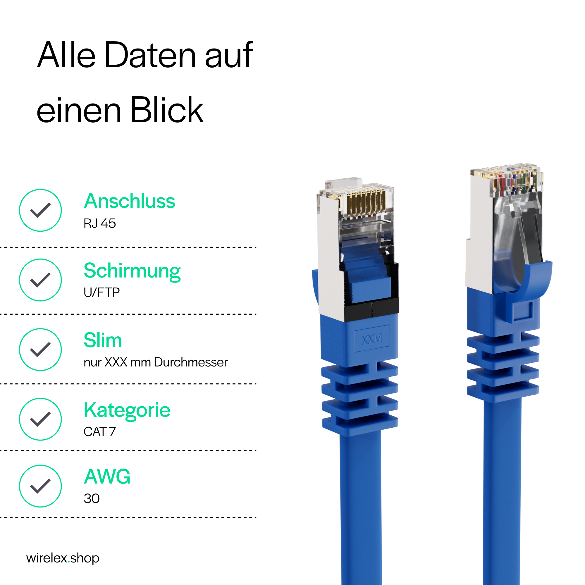 Zwei blaue Ethernet-Kabel mit RJ45-Anschlüssen, mit Textbeschriftungen.