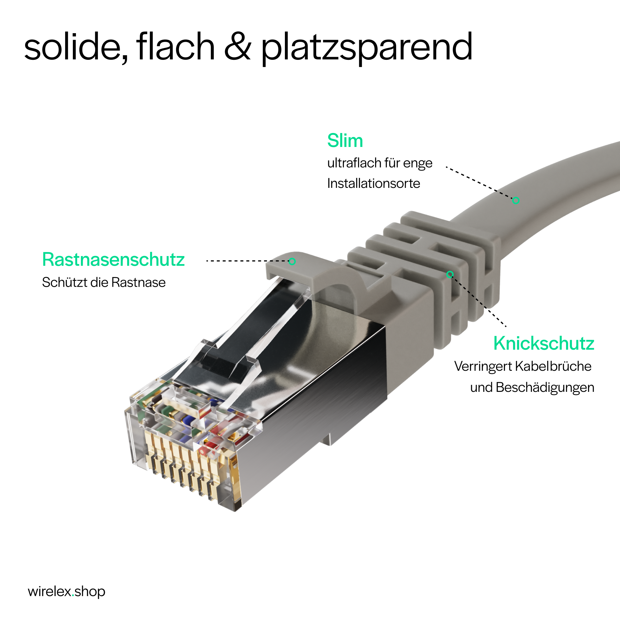 Nahaufnahme eines grauen Netzwerkkabels mit hervorgehobenen Merkmalen: Schutz und schlankes Design.