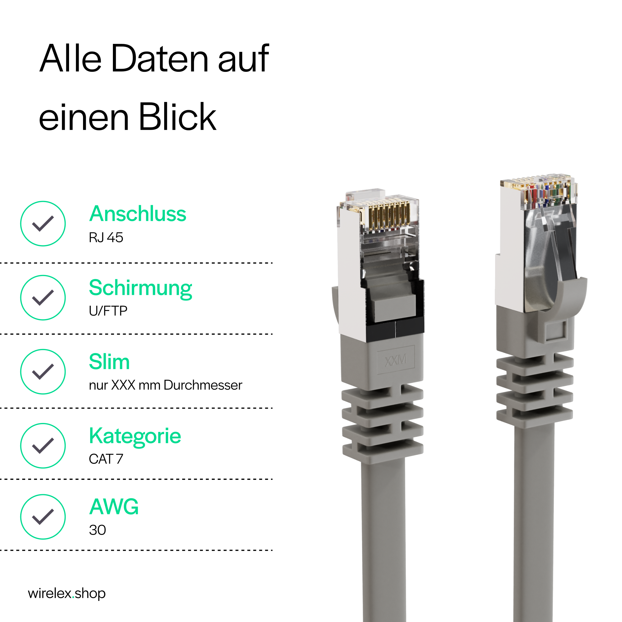 Zwei graue RJ45-Stecker mit einer Liste, die Merkmale beschreibt: RJ45, U/FTP, Slim, CAT 7 und AWG 30.