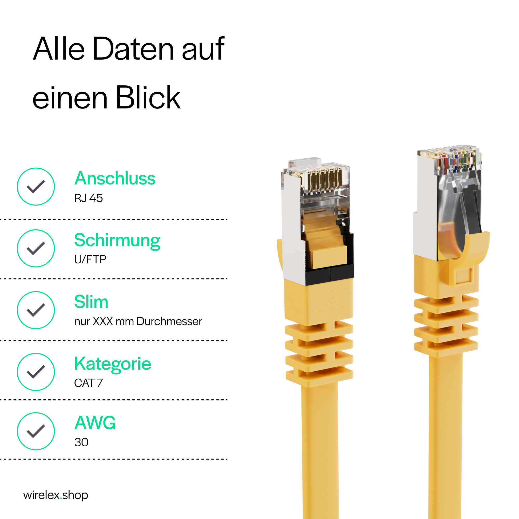 Gelbe Netzwerkkabel-Stecker, Nahaufnahme, mit Text und Beschriftungen.