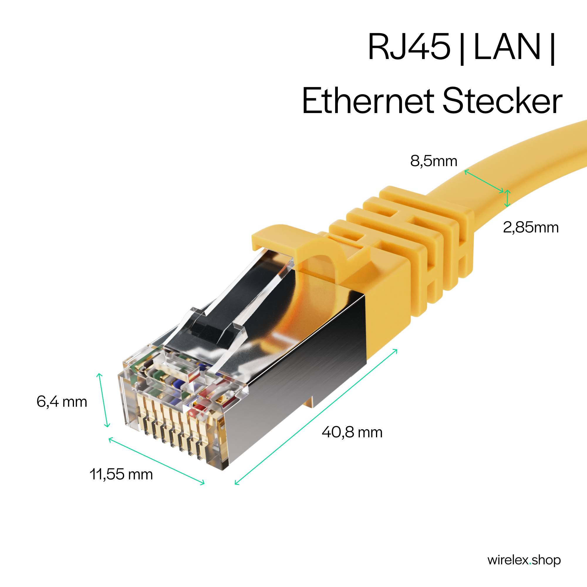 Gelber RJ45 LAN Ethernet-Stecker mit beschrifteten Abmessungen. Weißer Hintergrund. Nahaufnahme, detaillierte Ansicht.