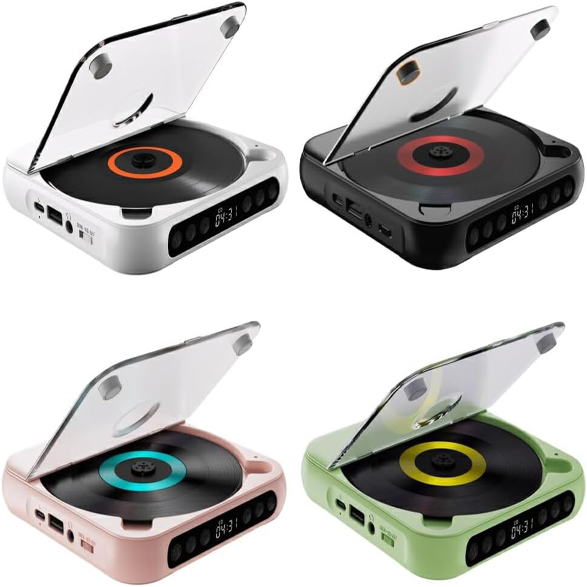 Vier CD-Player in verschiedenen Farben: weiß, schwarz, rosa und grün. Sie haben eine CD im Inneren und der Deckel ist geöffnet.
