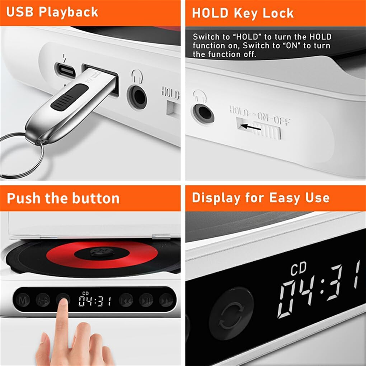 Ein tragbarer CD-Player mit USB-Anschluss und Knöpfen. Der Bildschirm zeigt die Zeit.