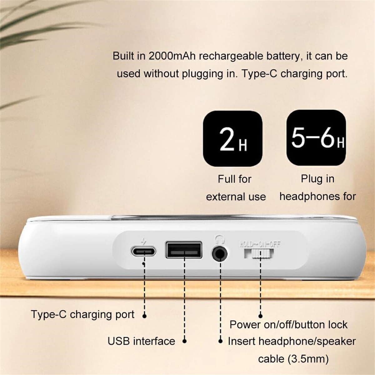 Ein weißes Gerät mit Anschlüssen: Typ-C-Laden, USB-Schnittstelle und Kopfhöreranschluss, auf weißer Oberfläche.
