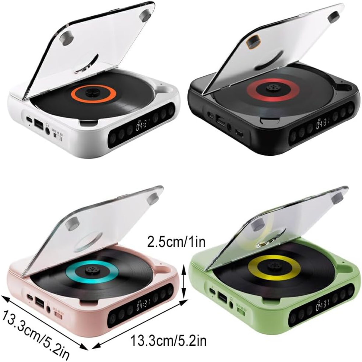 Vier tragbare CD-Player, jeweils in einer anderen Farbe: Weiß, Schwarz, Rosa und Grün.