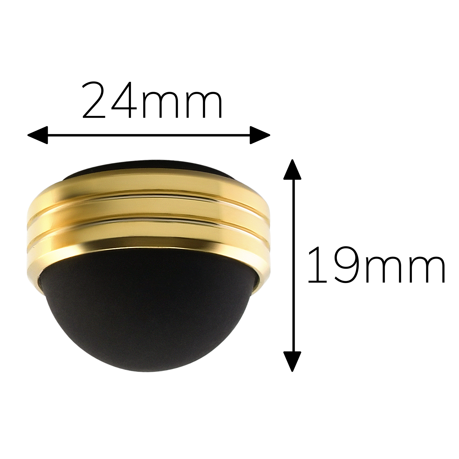 Ein schwarzer und goldener Türstopper. Die Oberseite ist goldfarben mit schwarzer Gummibasis.