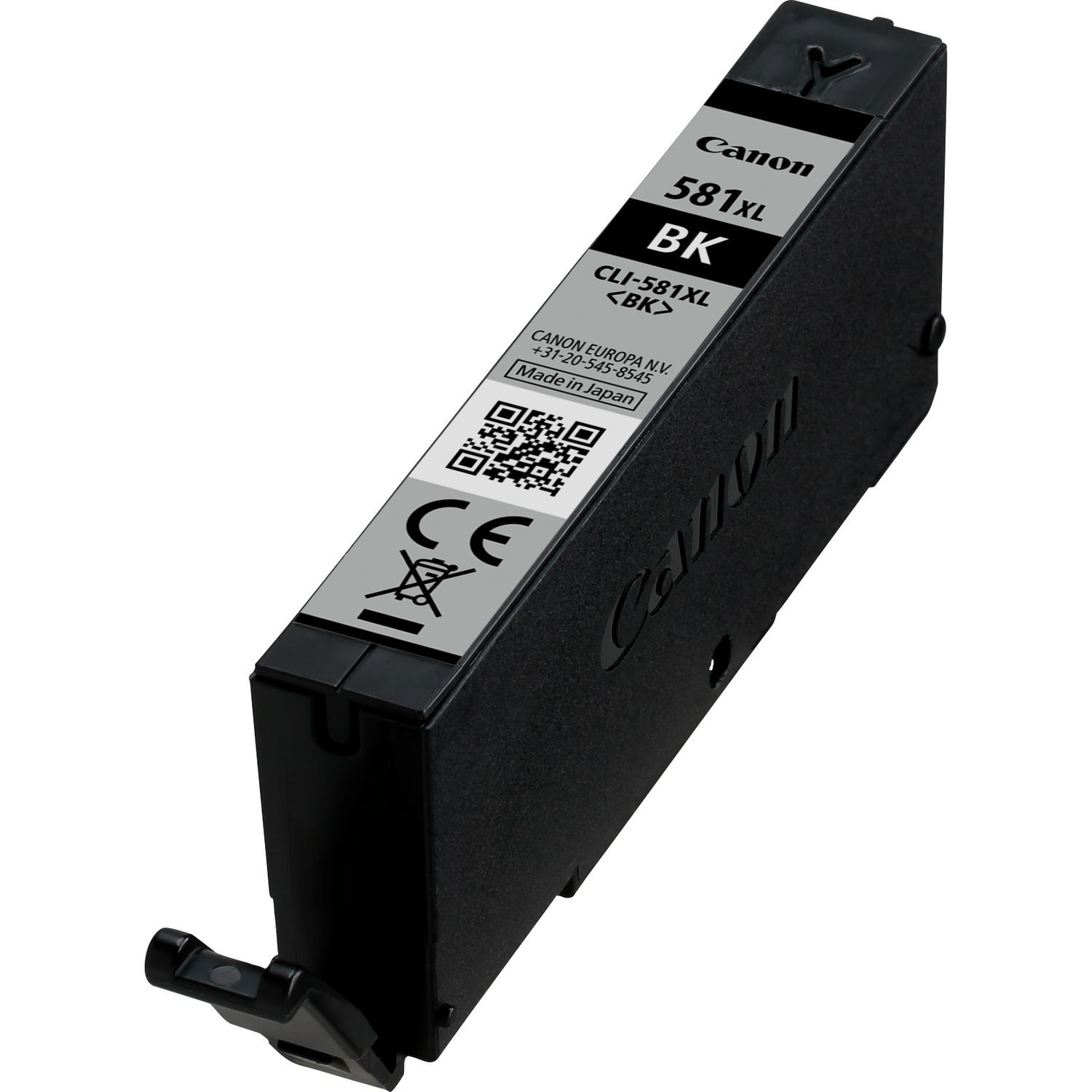 Cartuccia d'inchiostro nera Canon con testo e QR code. Sfondo bianco.