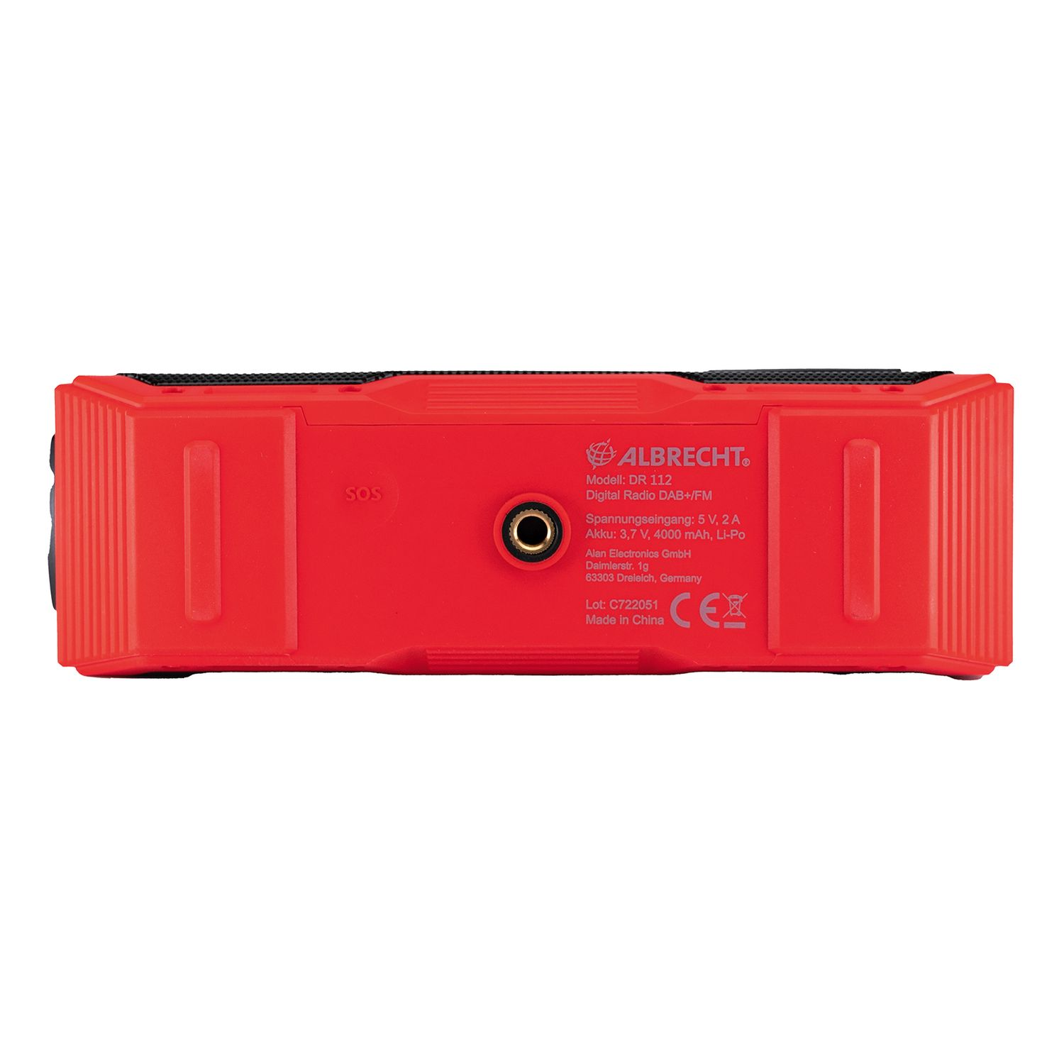 Czerwone radio Albrecht, widok z tyłu, z portami i etykietami tekstowymi.