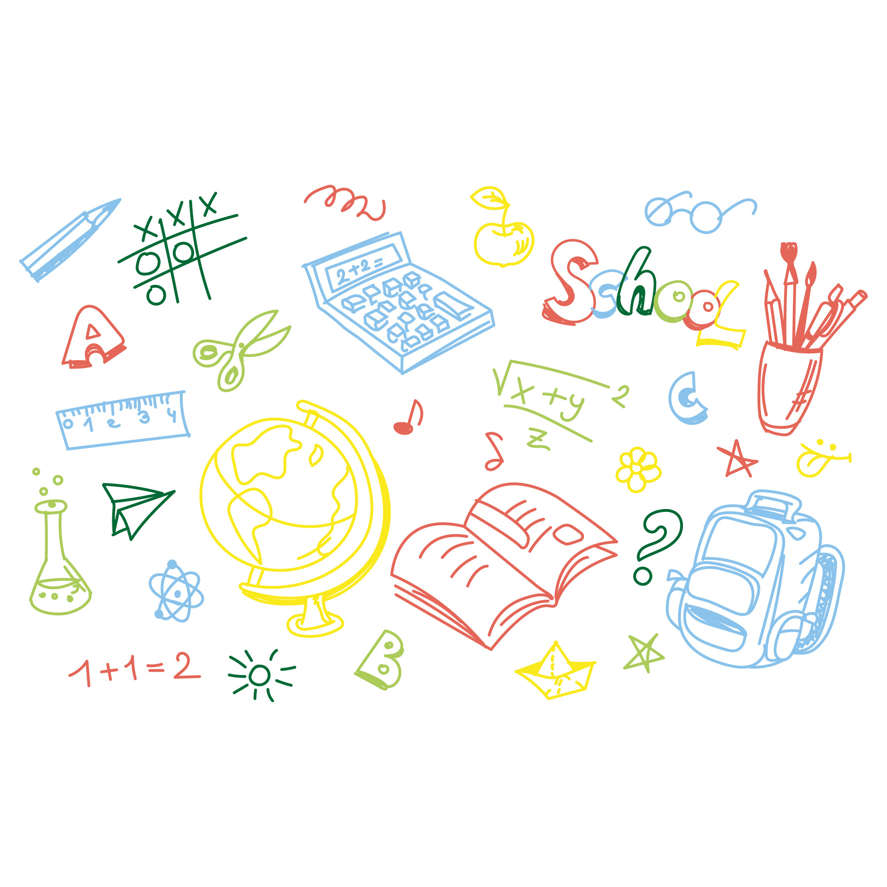 Eine handgezeichnete Illustration mit schulbezogenen Gegenständen: Bleistift, Buch, Globus, Taschenrechner usw. auf weißem Hintergrund.