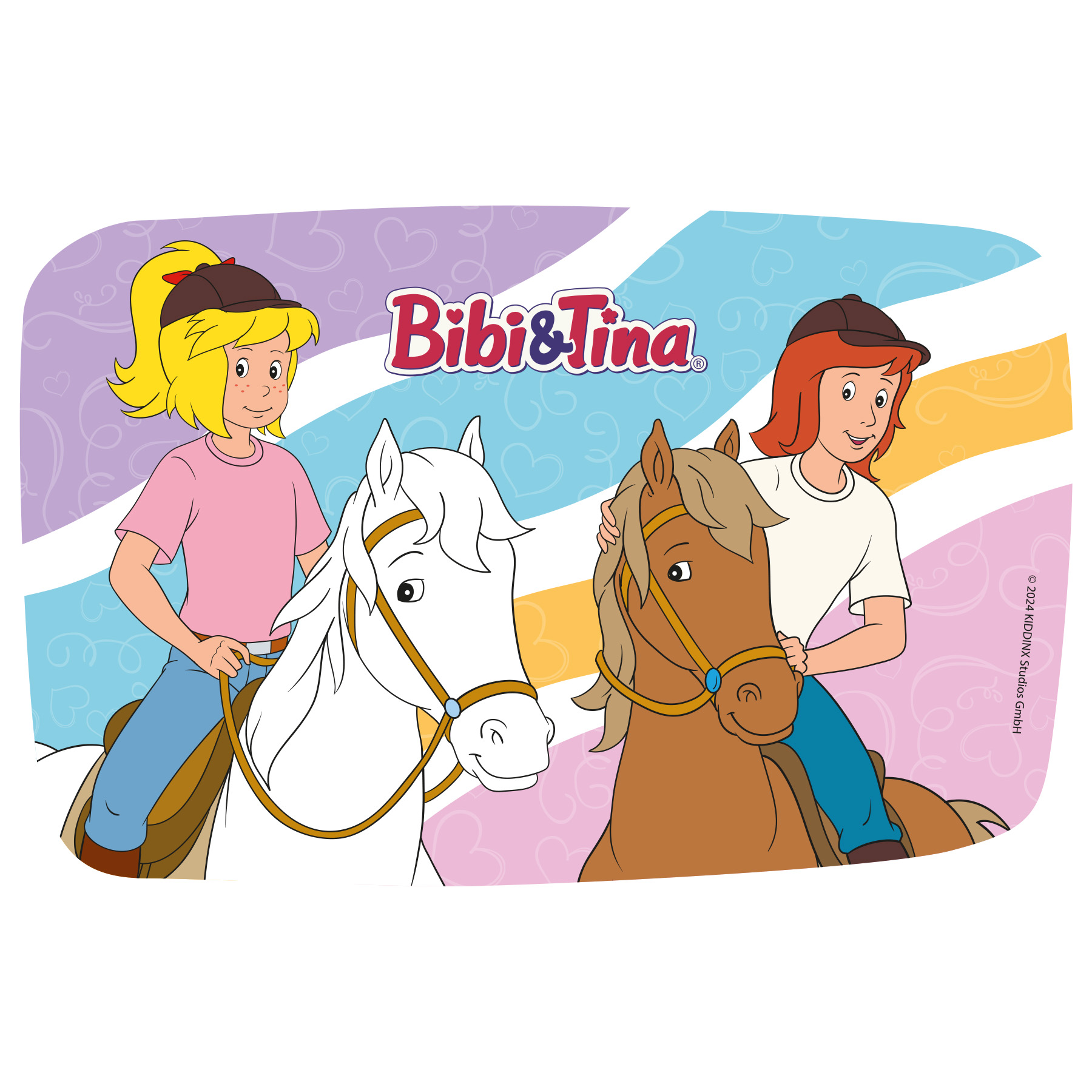 Zwei Mädchen reiten auf Pferden. Das Mädchen links trägt ein rosa Hemd, das rechte ein weißes.